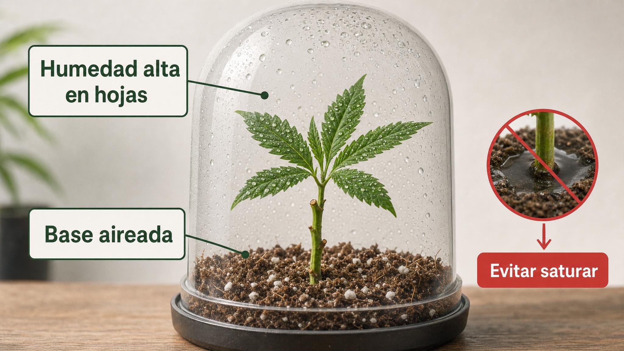 Diagrama de un esqueje con humedad alta alrededor de las hojas y base aireada sin exceso de agua.