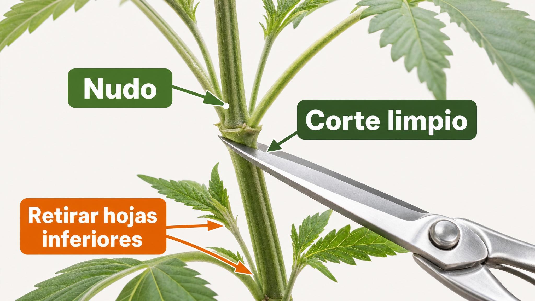 Guía visual que muestra dónde cortar un esqueje justo por debajo de un nudo y retirar hojas inferiores.