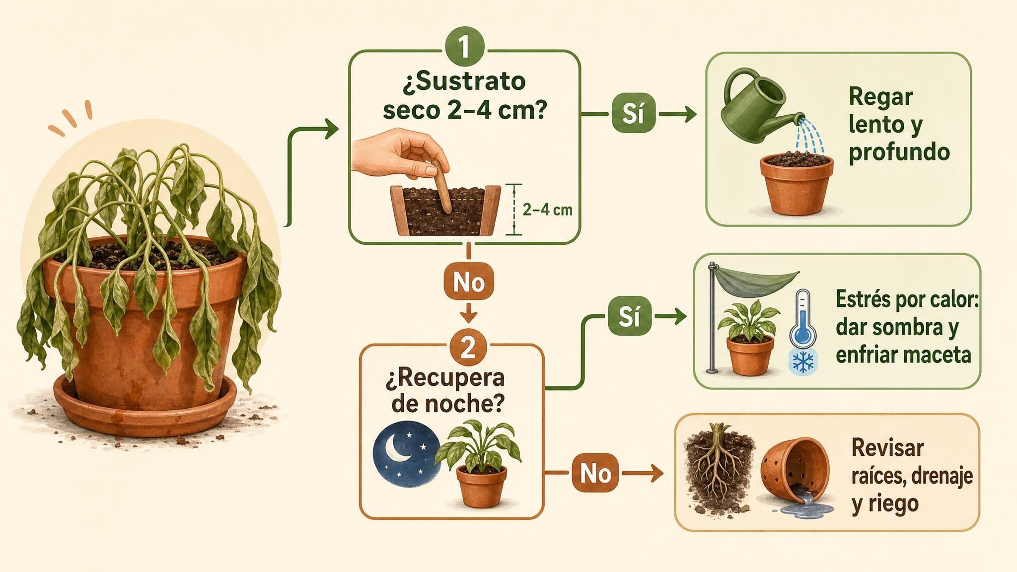 Diagrama de decisión para diferenciar sed real de estrés por calor en una planta en maceta.