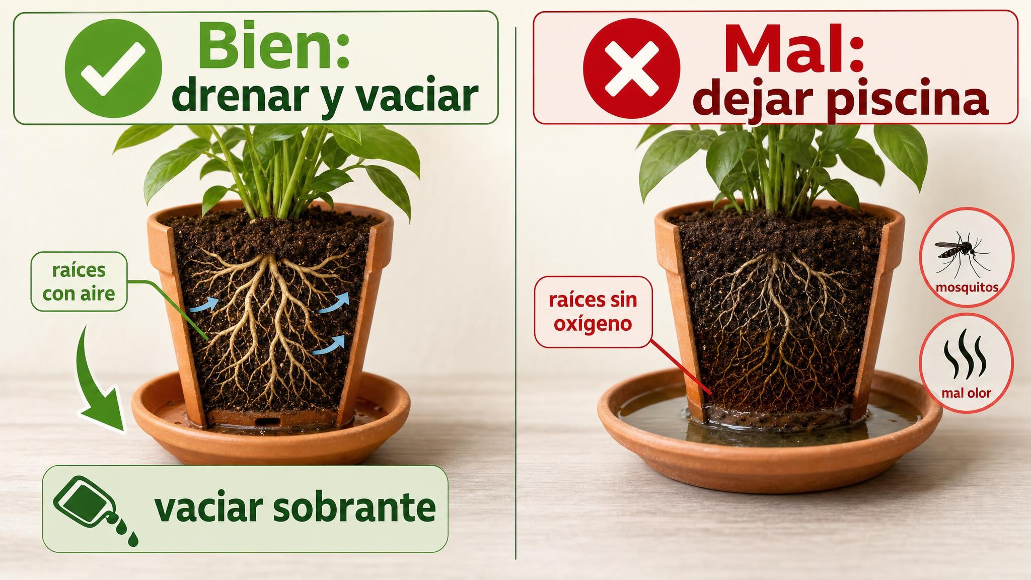 Comparación entre uso correcto e incorrecto de platos bajo maceta en días de calor.