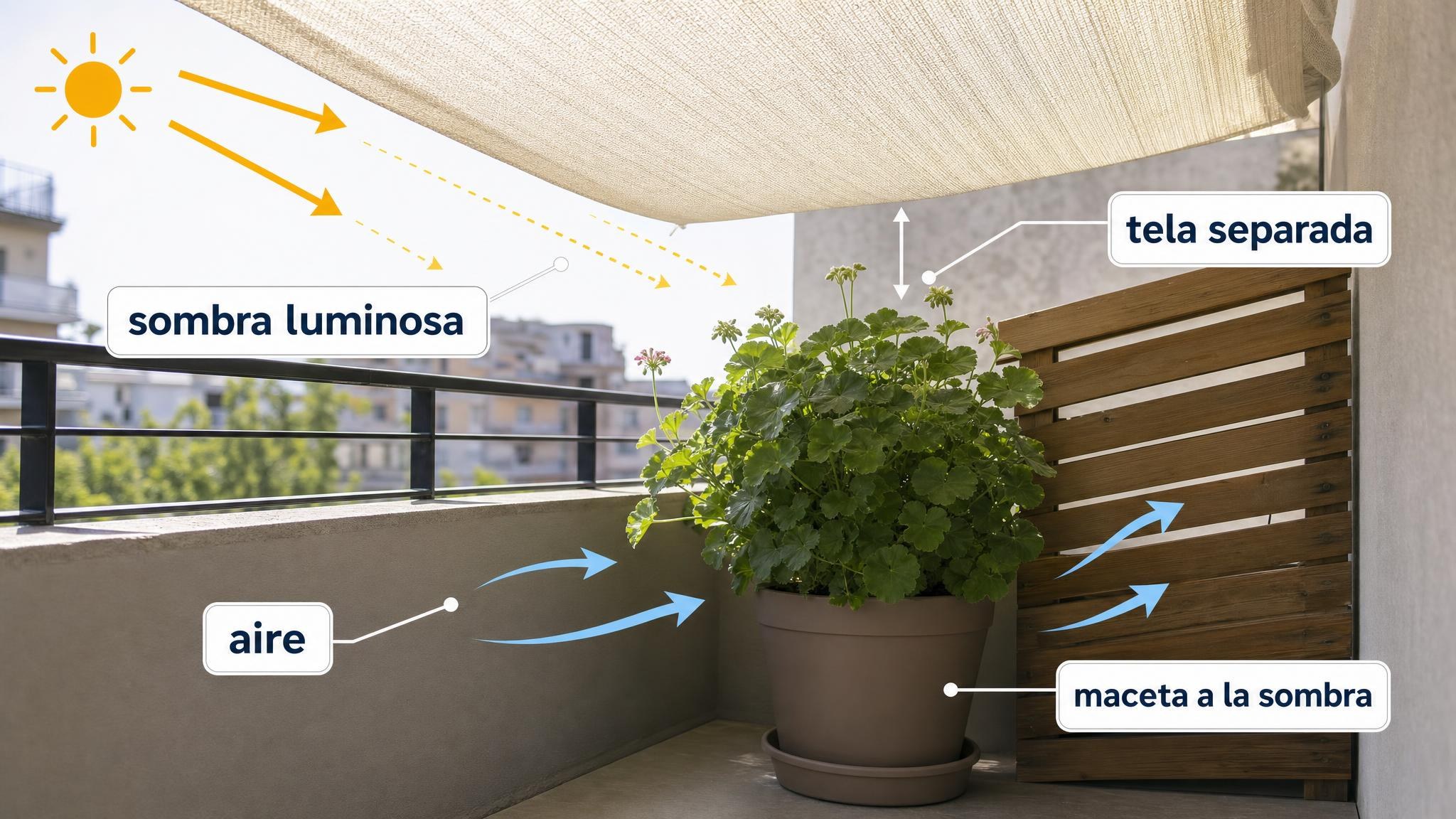 Esquema de sombra inteligente para proteger hojas y maceta durante horas de calor.