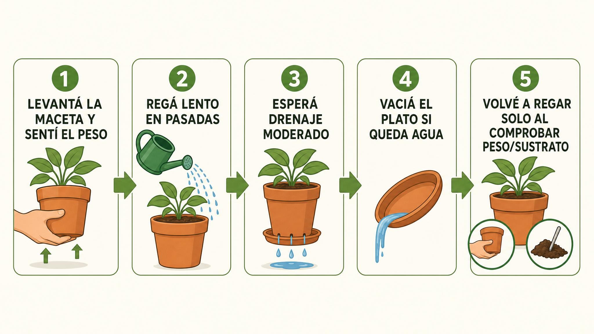 Diagrama de pasos para regar una maceta en días de calor sin encharcar el sustrato.
