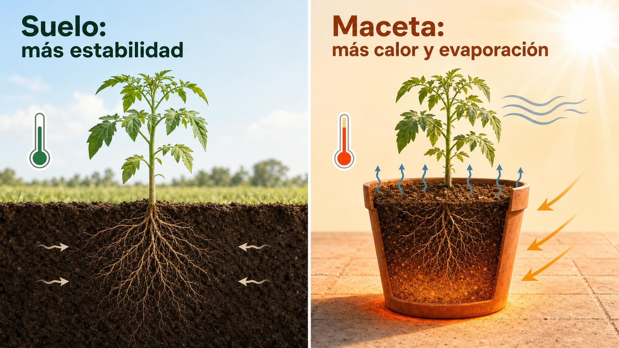 Comparación entre una planta en suelo y una planta en maceta mostrando mayor exposición al calor y evaporación en la maceta.