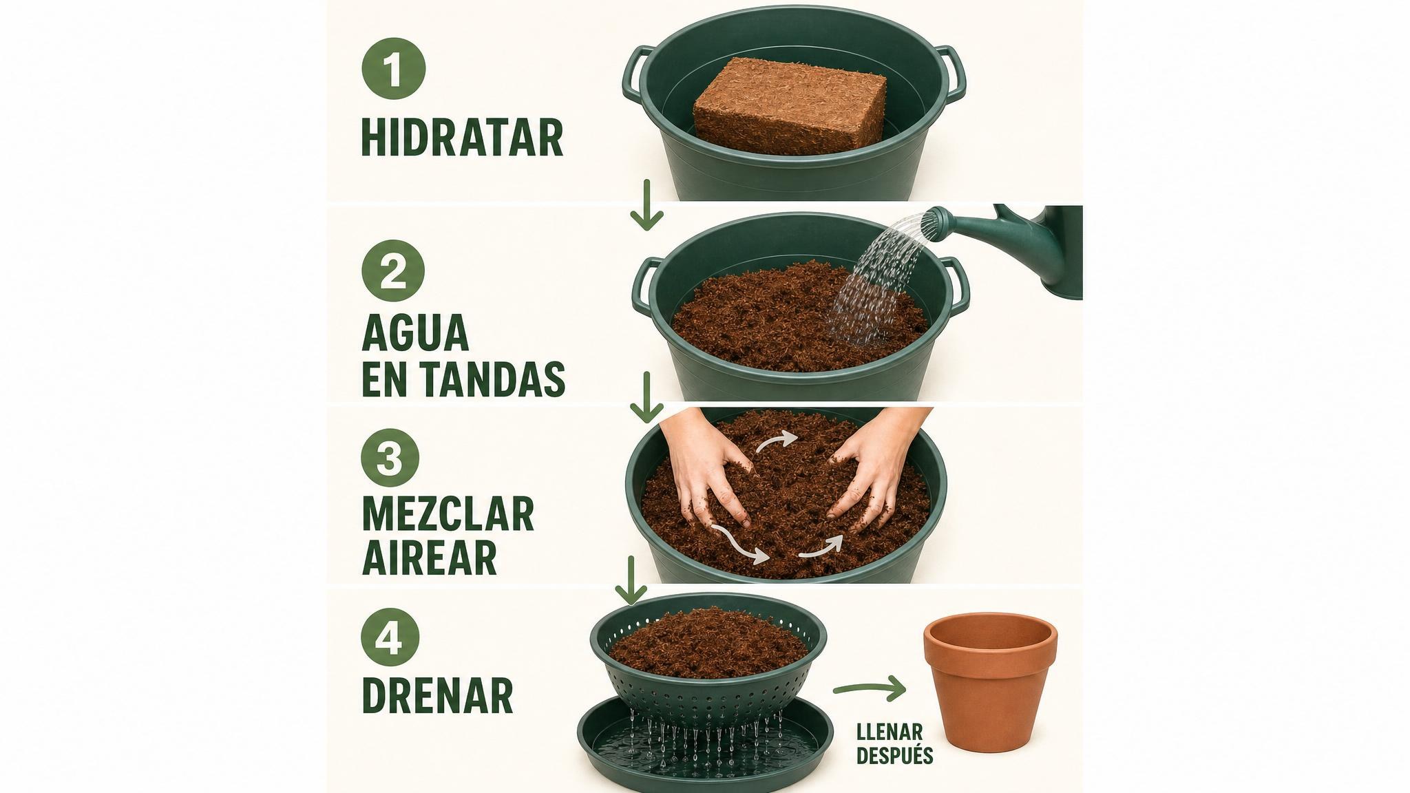 Infografía con los pasos para hidratar un ladrillo de fibra de coco: agua en tandas, desarmar grumos, airear y drenar.