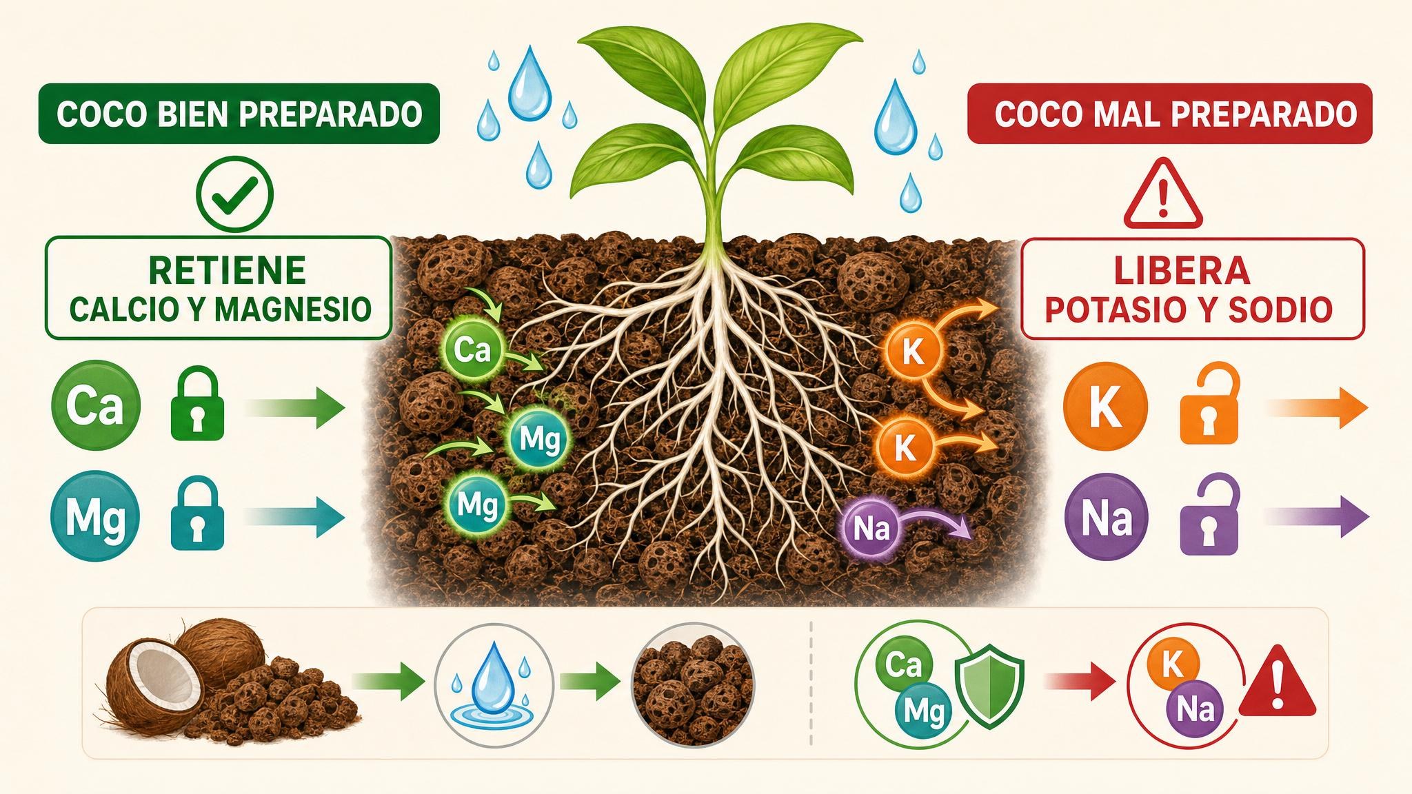 Diagrama del intercambio de calcio, magnesio, potasio y sodio entre la fibra de coco, el riego y las raíces.