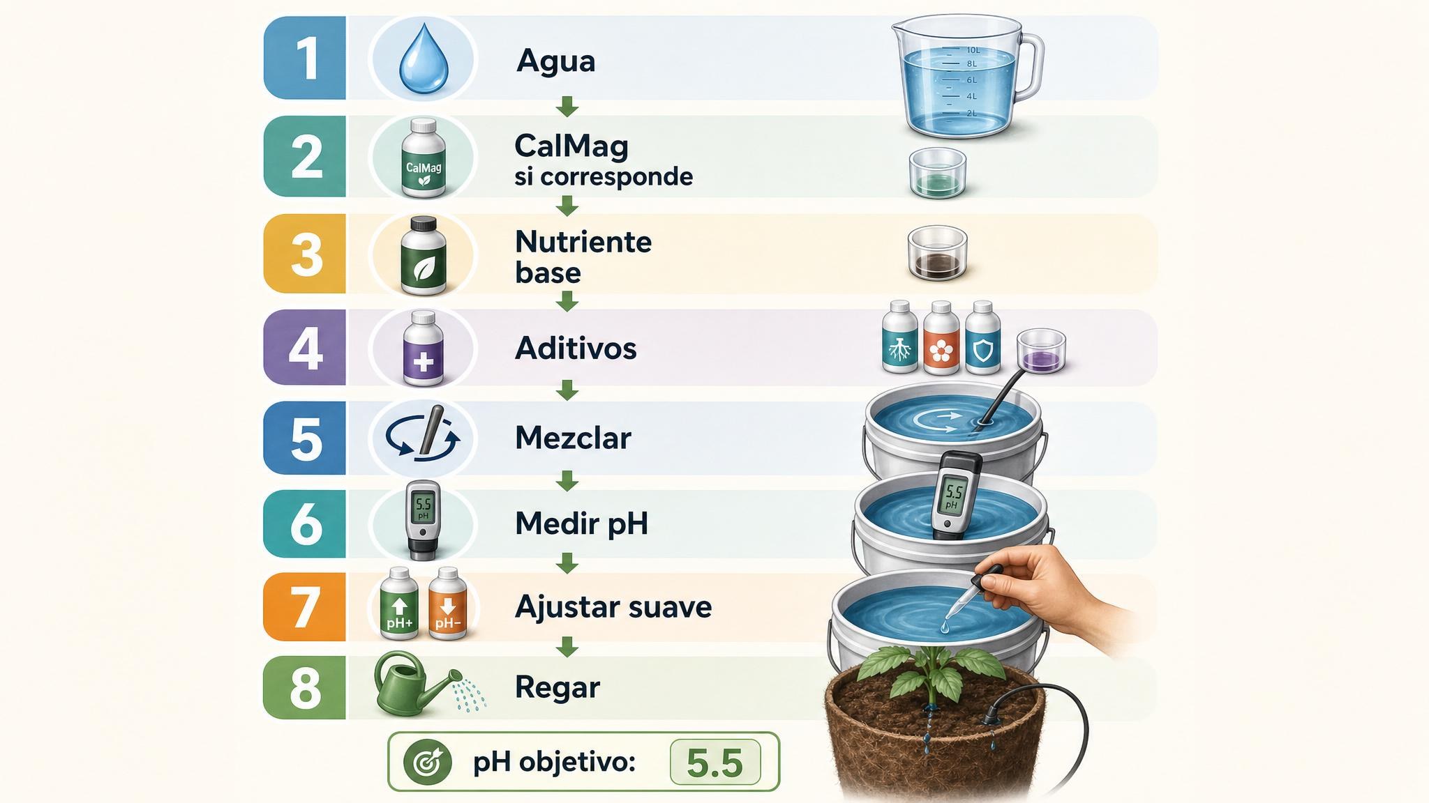 Checklist del orden correcto para preparar el riego en coco: agregar nutrientes antes de medir y ajustar el pH.