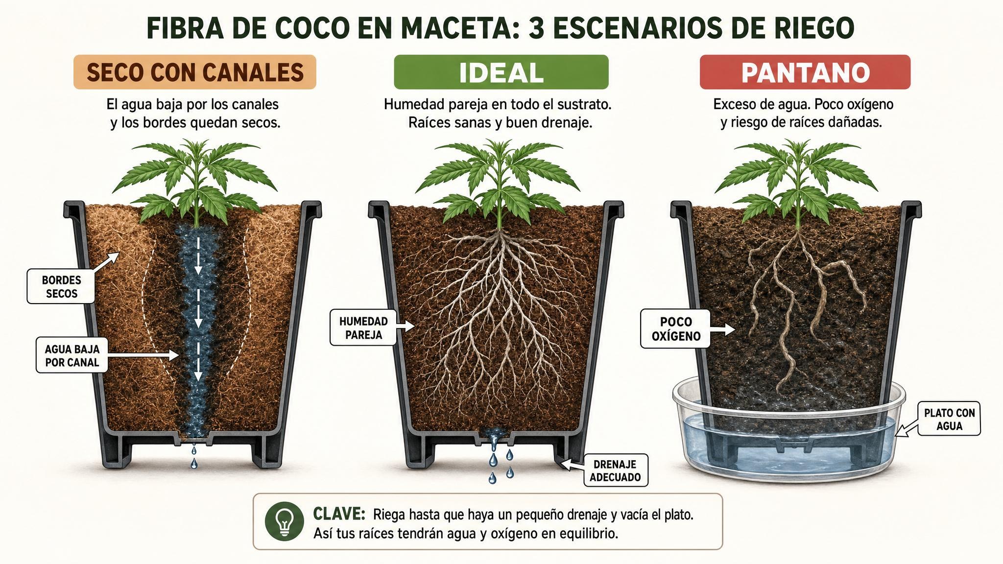 Comparación visual del riego en coco: canales secos, humedad pareja ideal y exceso de agua acumulada en el plato.