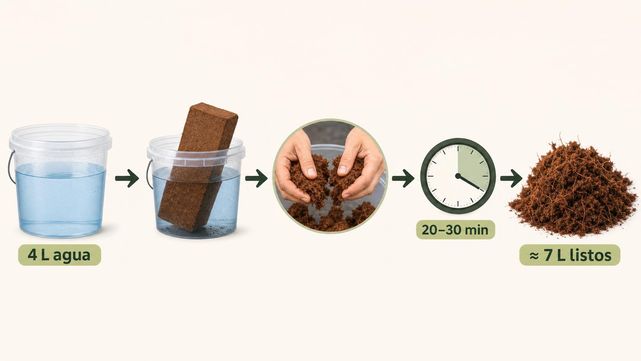 Pasos para hidratar un ladrillo de fibra de coco: 4 litros de agua, desarmar, esperar 20 a 30 minutos y obtener unos 7 litros de sustrato.