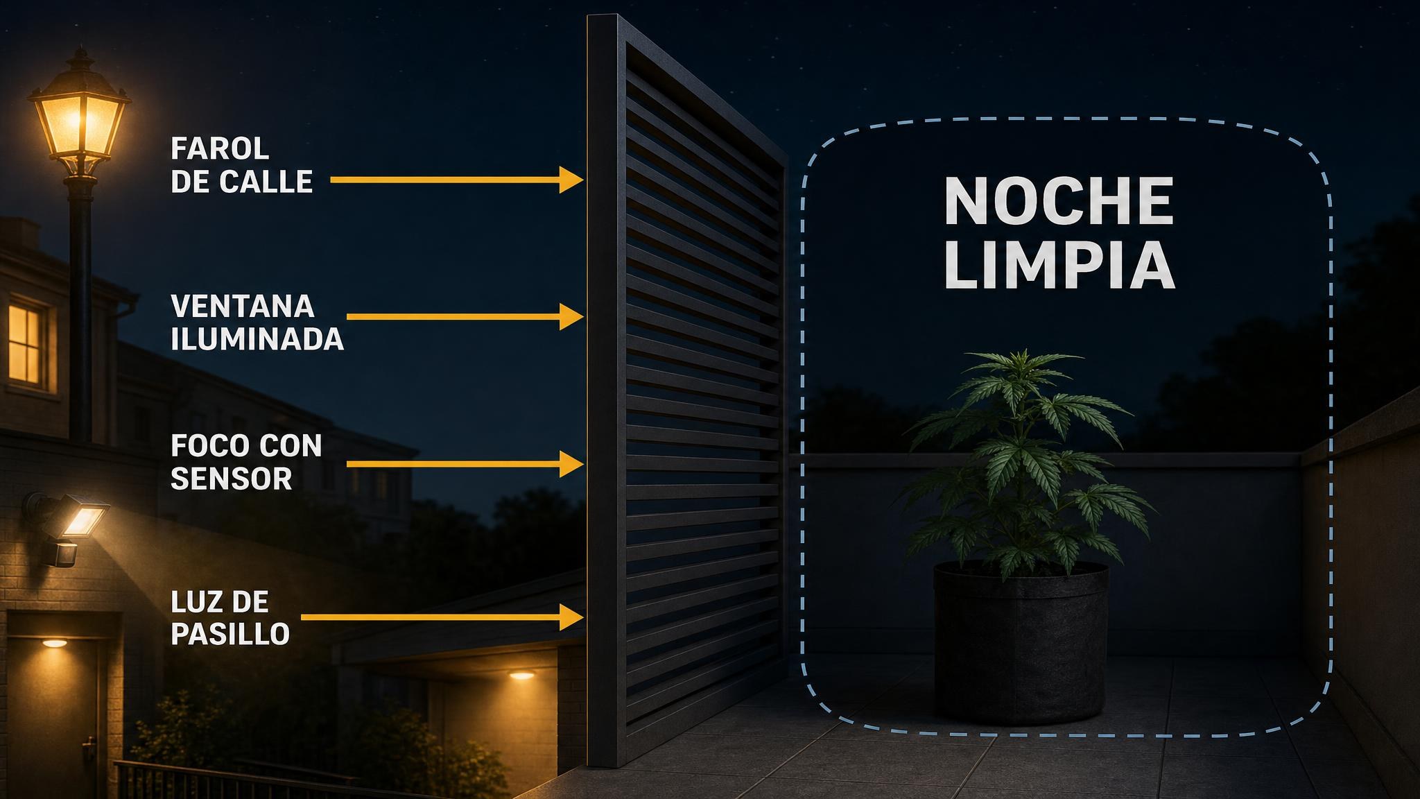 Esquema de un balcón de noche con fuentes de contaminación lumínica que pueden llegar a una planta.