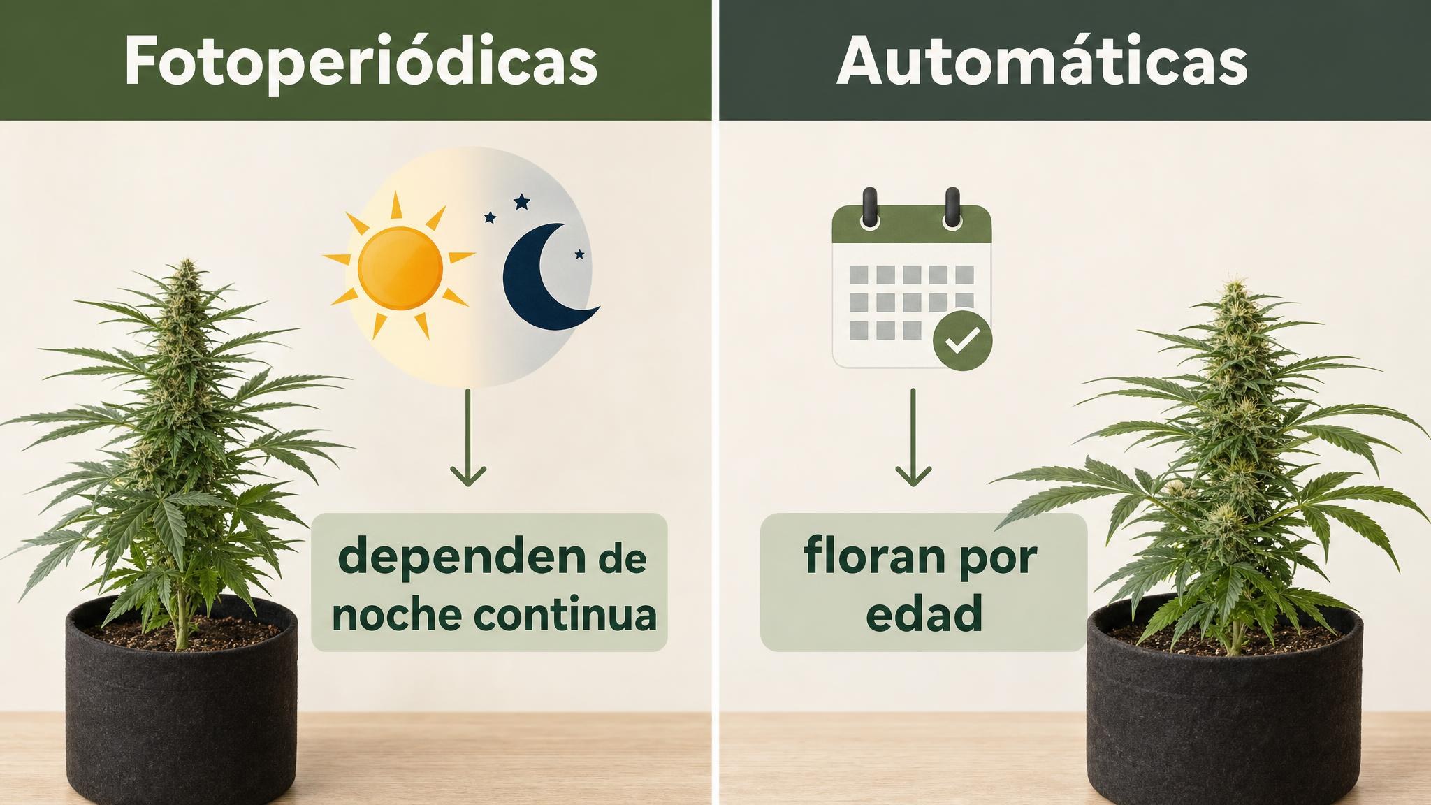 Comparación visual entre plantas fotoperiódicas y automáticas según su respuesta a la luz y la edad.