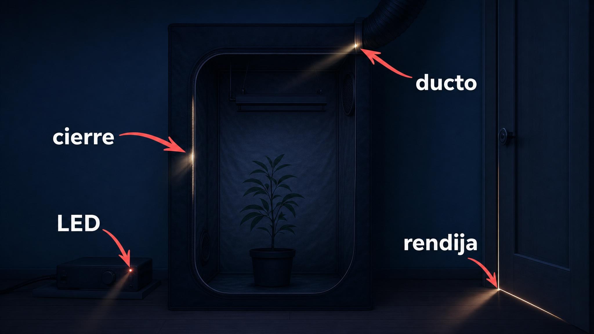 Diagrama de una carpa indoor con puntos comunes de filtración de luz nocturna.