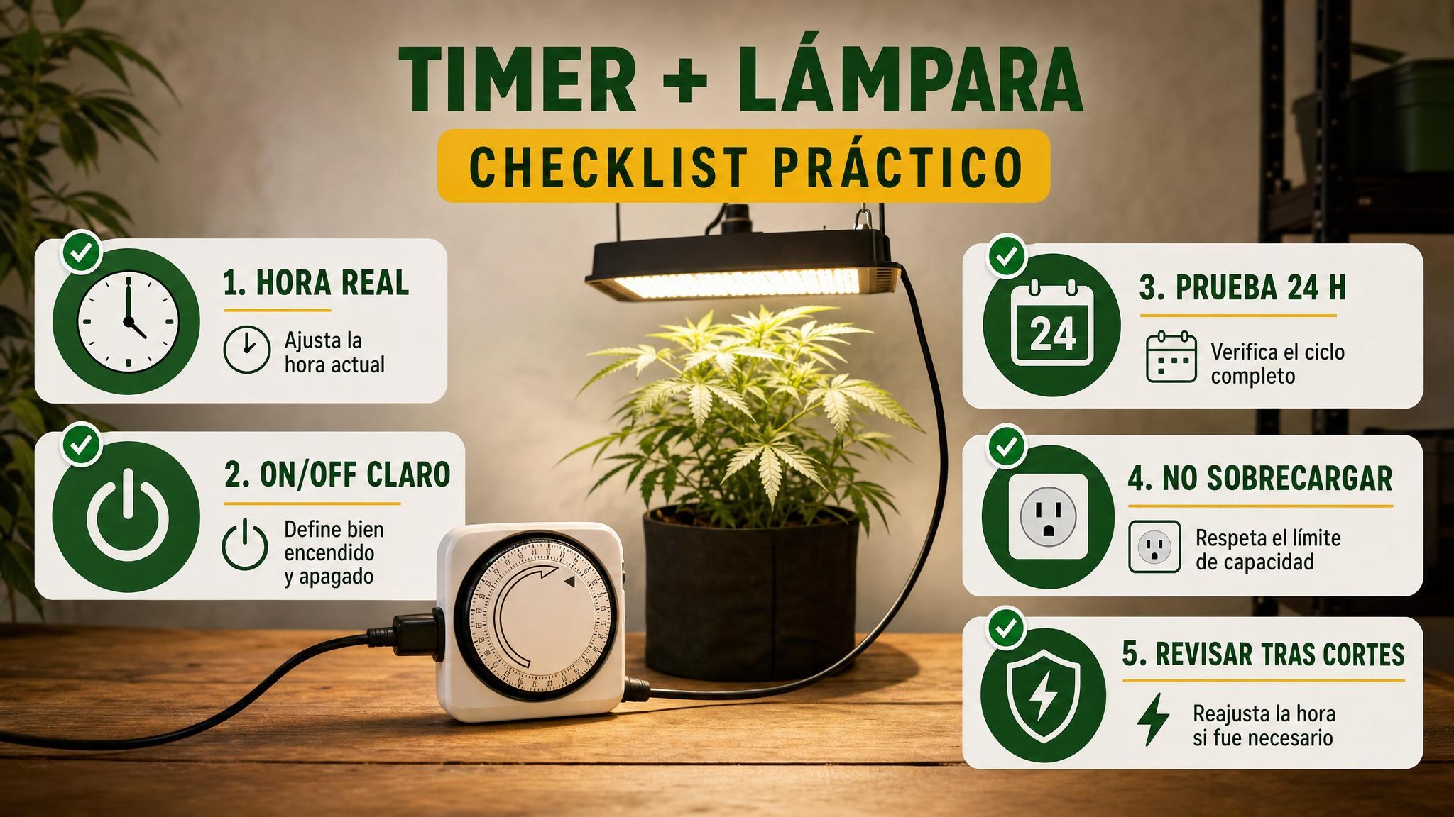 Checklist visual para configurar y revisar un timer manual de indoor.