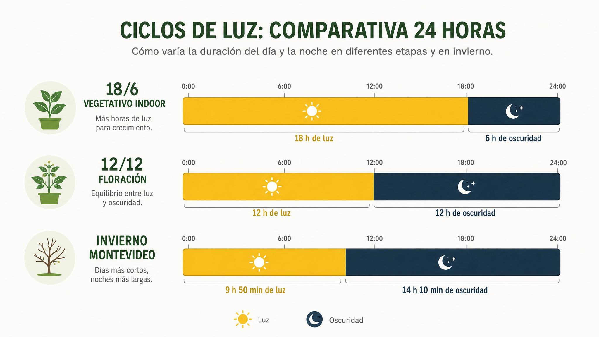 Comparación visual entre ciclos 18/6, 12/12 y la duración aproximada del día en invierno en Montevideo.