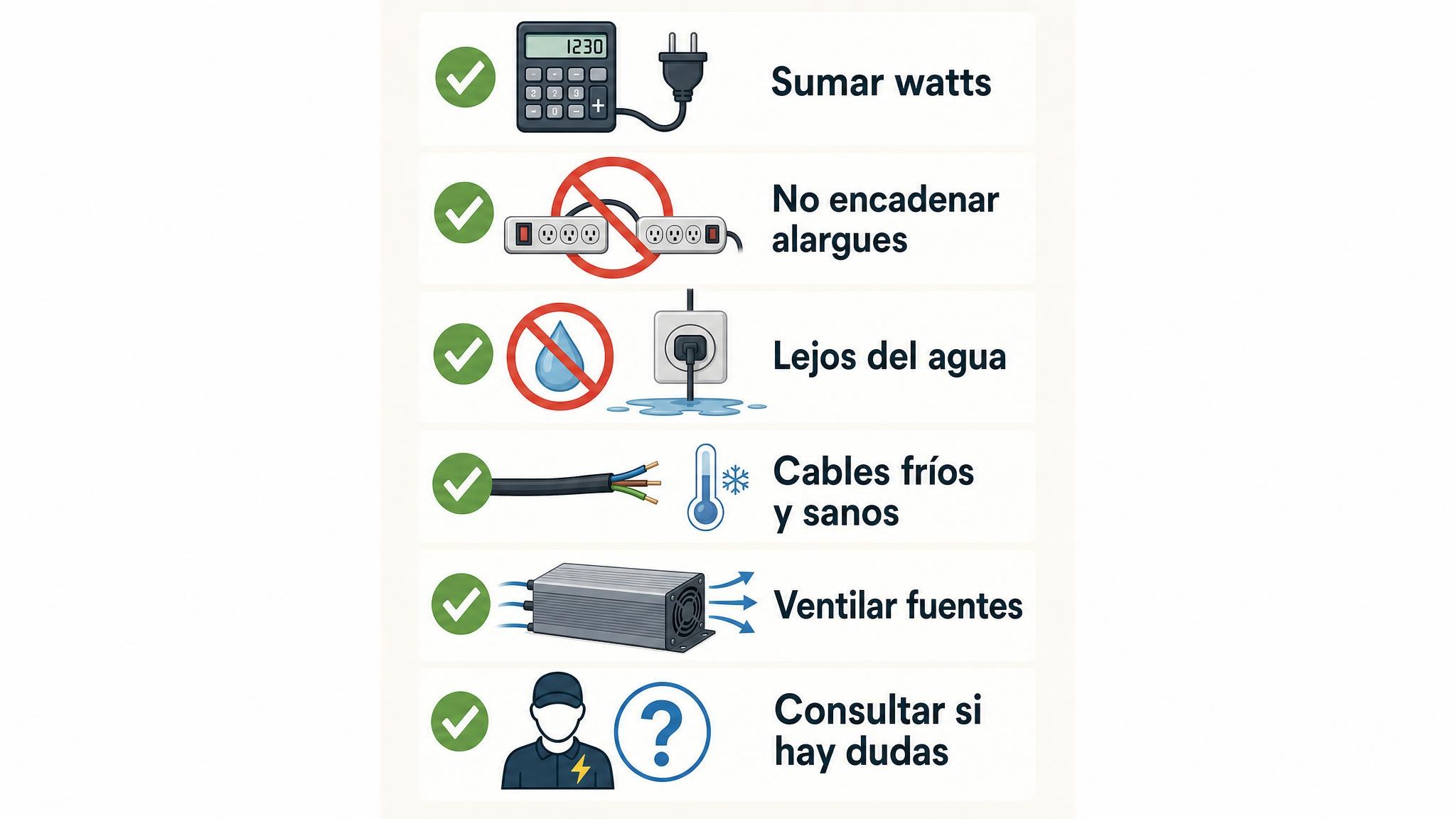 Checklist visual de seguridad eléctrica para usar timer y equipos de cultivo indoor.