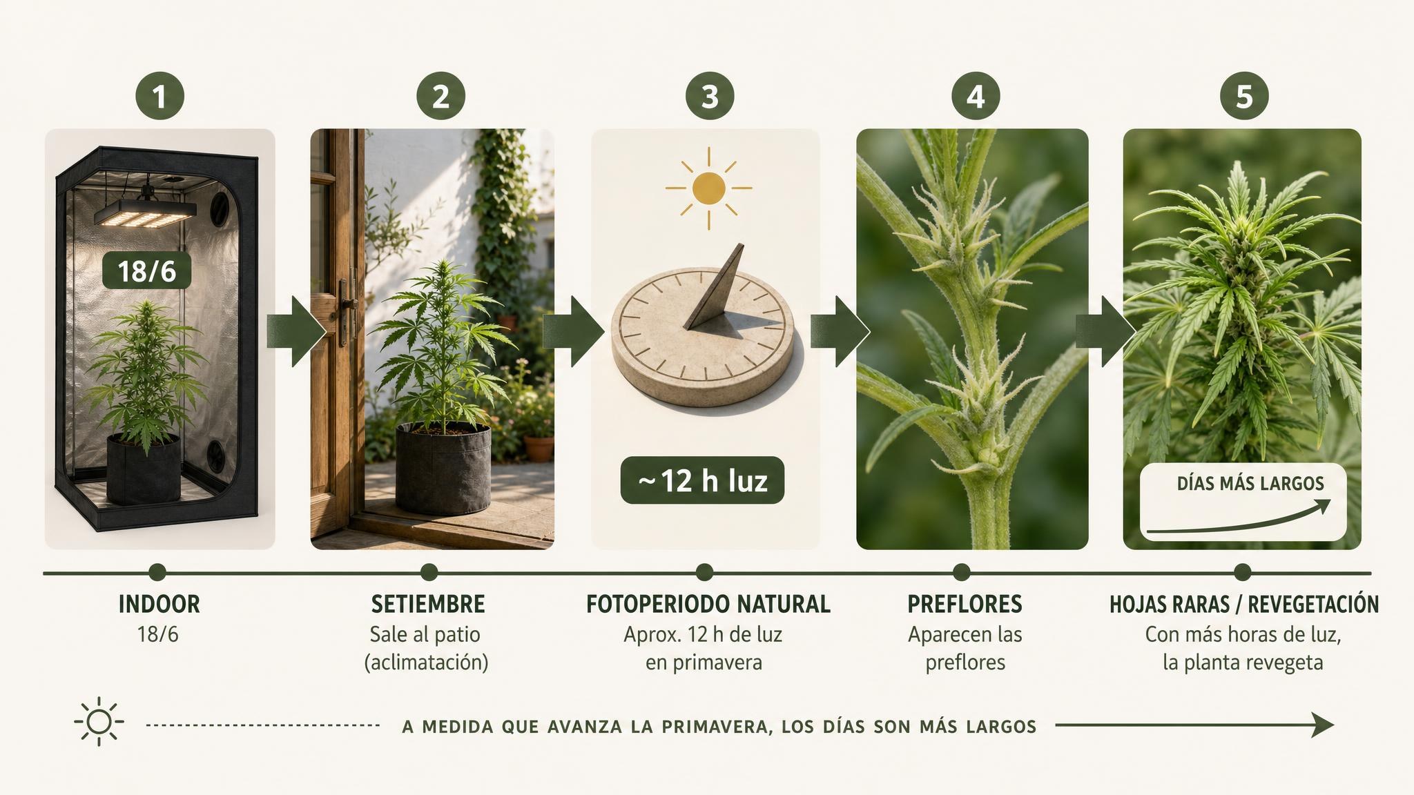 Línea de tiempo del paso temprano de una planta de indoor al exterior y el riesgo de floración temprana seguida de revegetación.