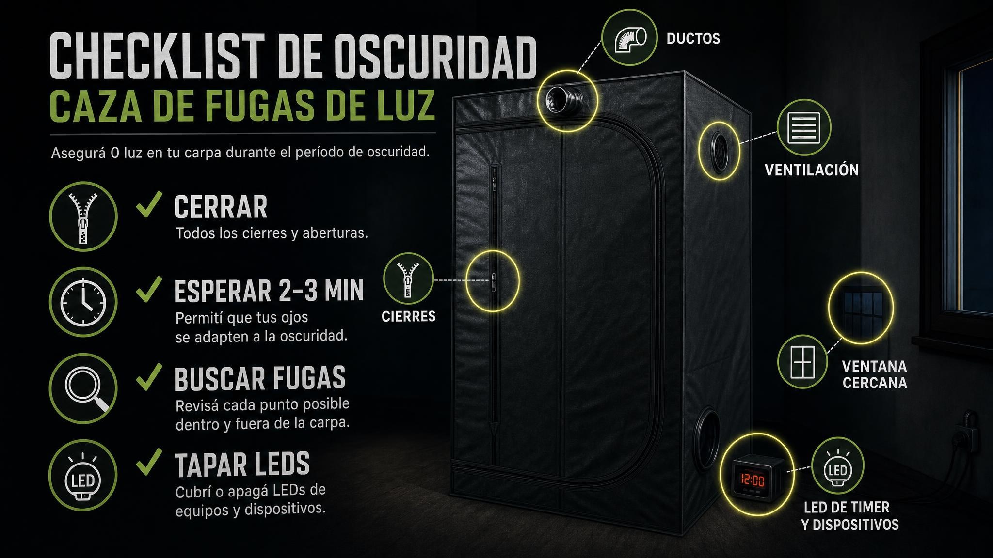 Checklist visual para detectar fugas de luz durante el periodo oscuro en un cultivo indoor.