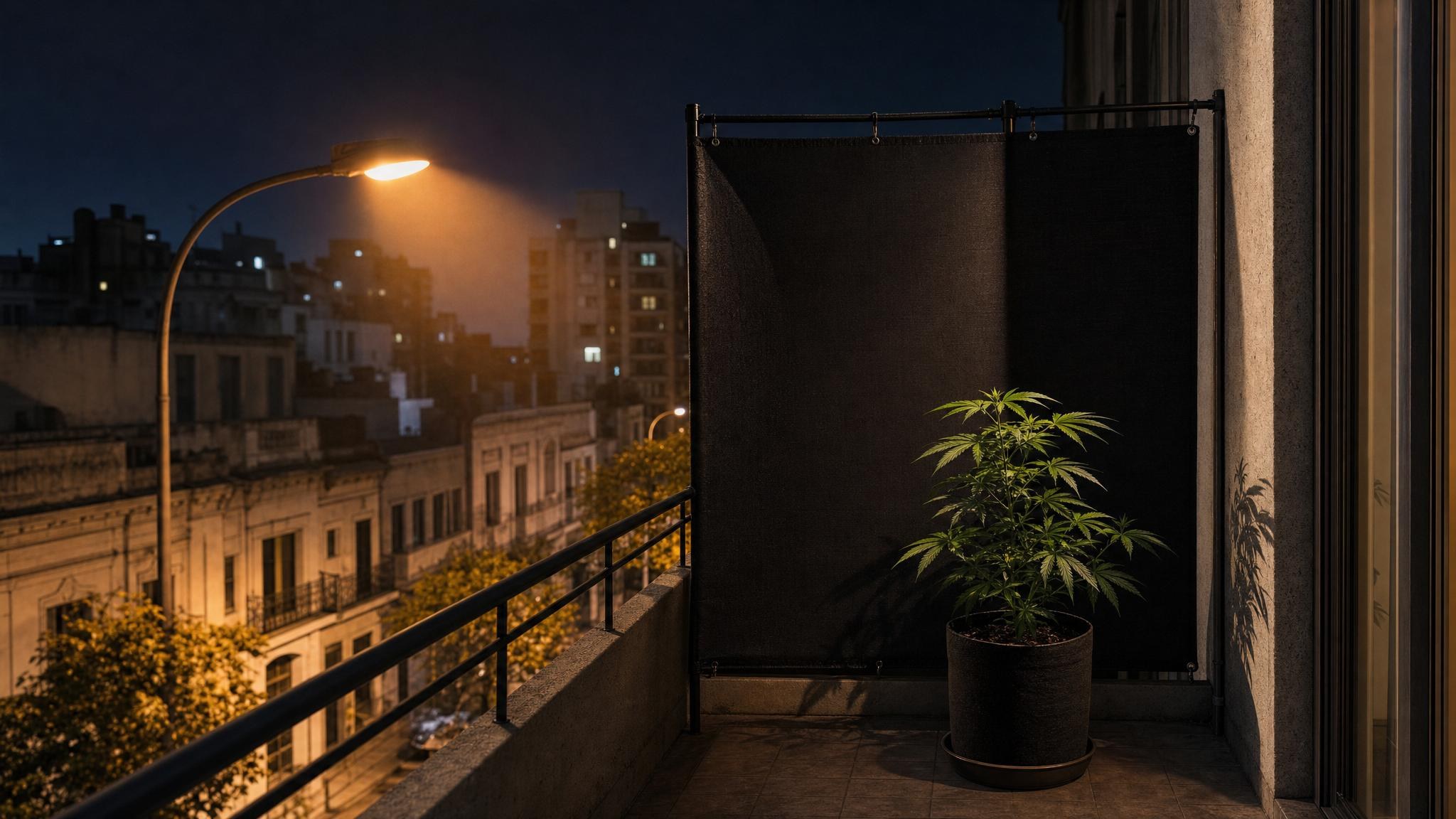 Balcón nocturno con una planta expuesta a luz de calle y una zona protegida con blackout.