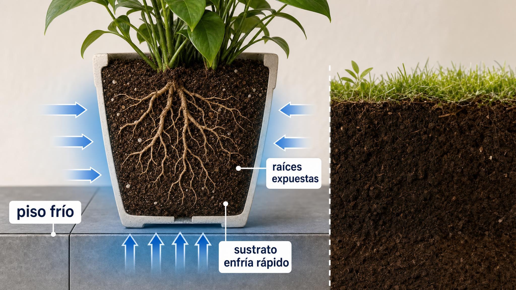 Diagrama de una maceta sobre piso frío mostrando cómo el frío entra por la base y paredes hacia las raíces.