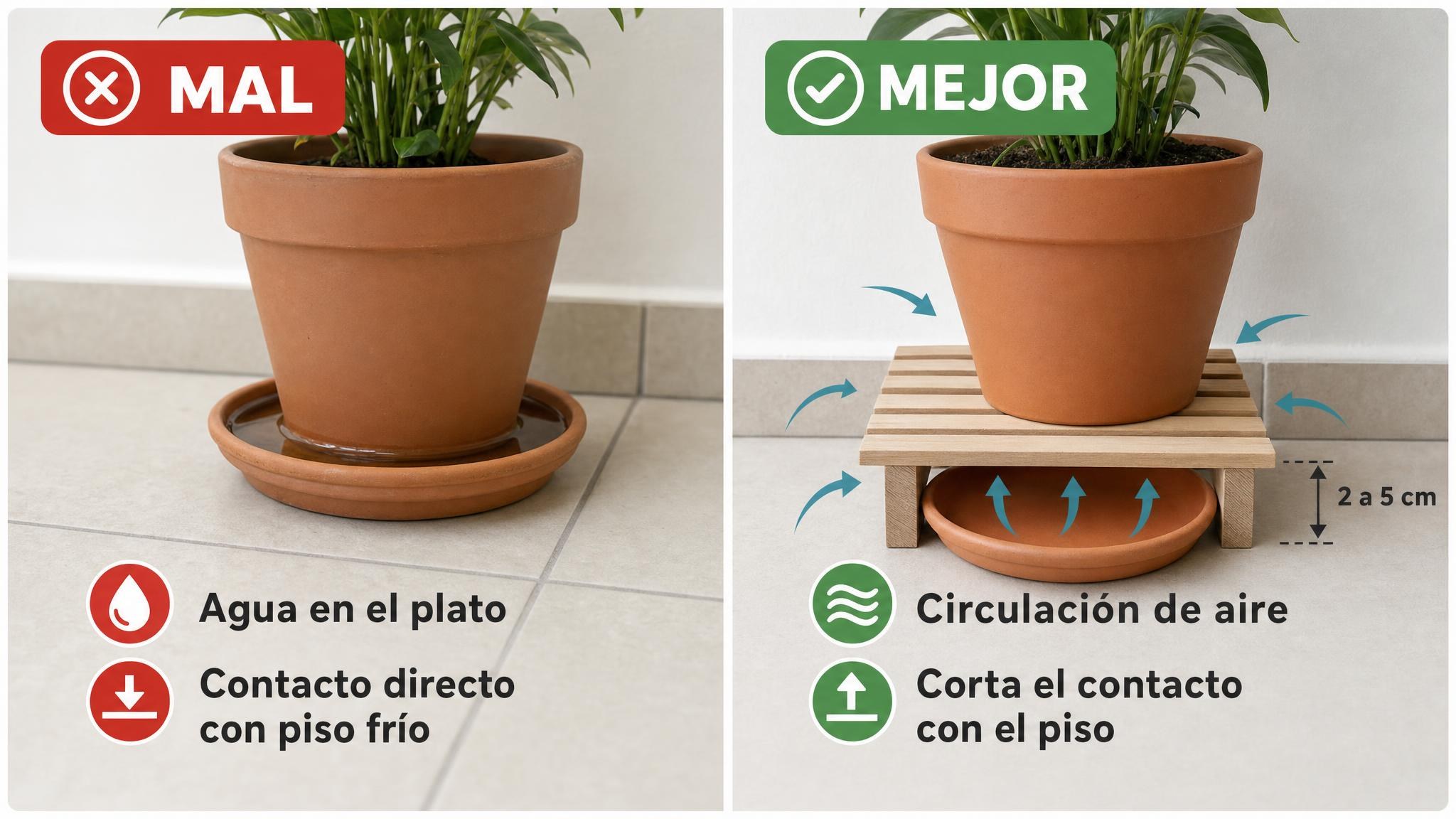 Comparación entre una maceta apoyada sobre piso frío y una maceta elevada con plato vacío.