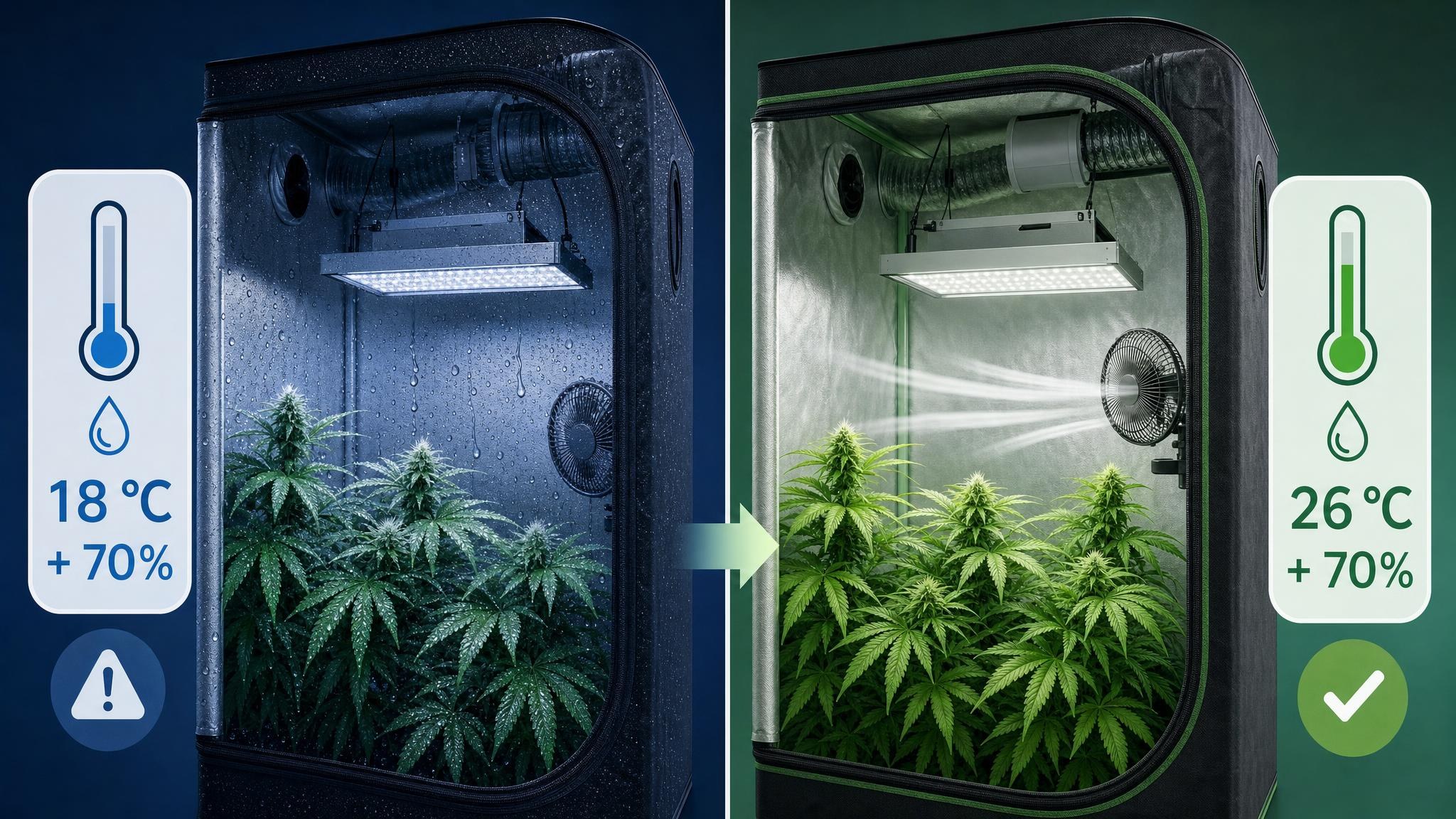Comparación visual de 70% de humedad relativa a 18 °C y a 26 °C en un indoor.