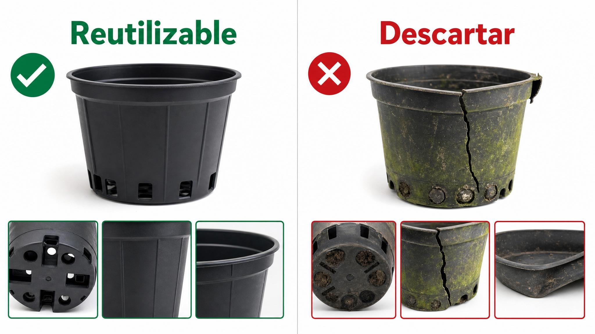 Comparación entre una maceta reutilizable y recipientes que conviene descartar por grietas, algas o drenaje tapado.