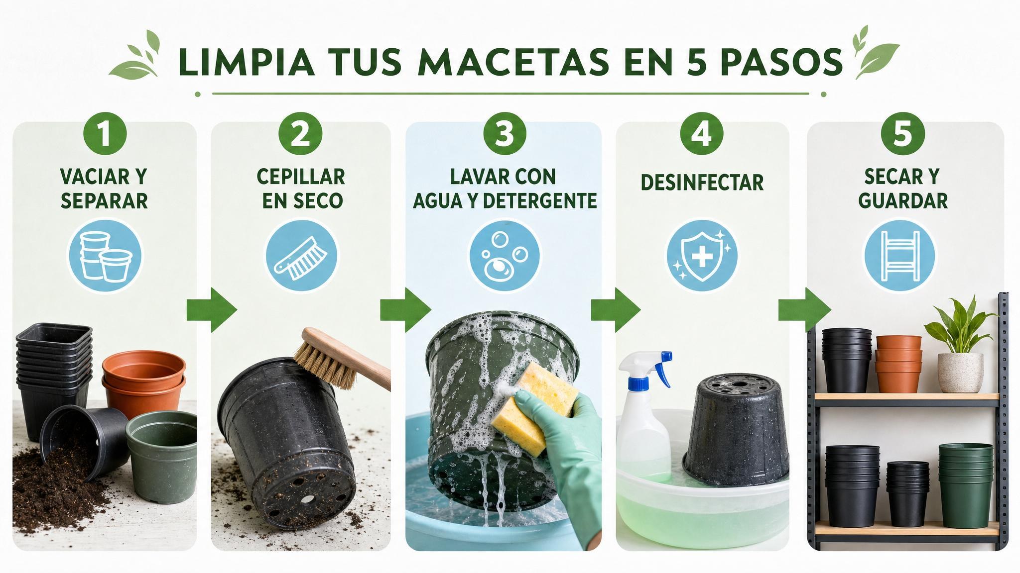 Secuencia visual de limpieza entre ciclos: vaciar, cepillar, lavar, desinfectar, secar y guardar.