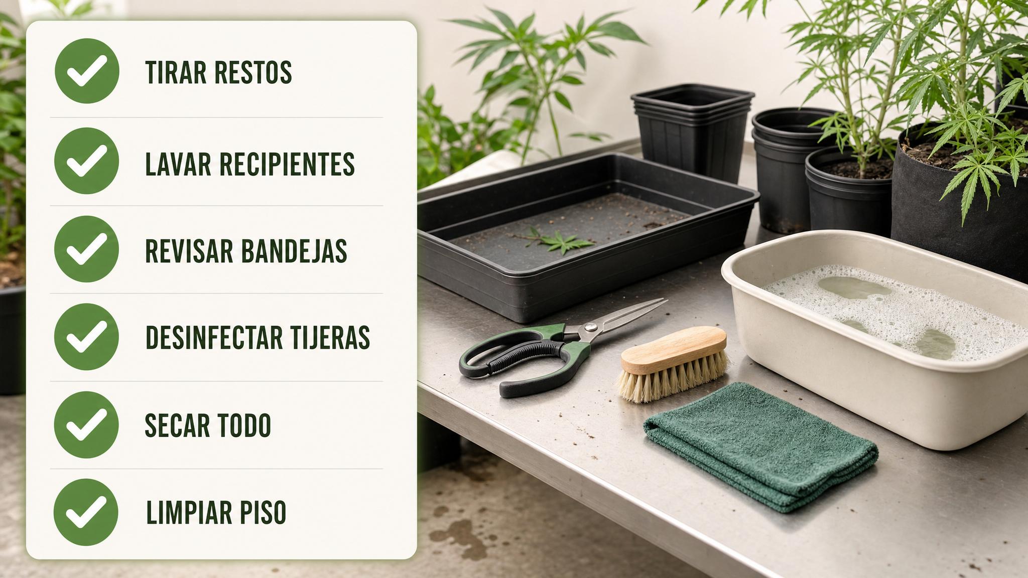 Checklist visual de rutina rápida entre ciclos de cultivo.