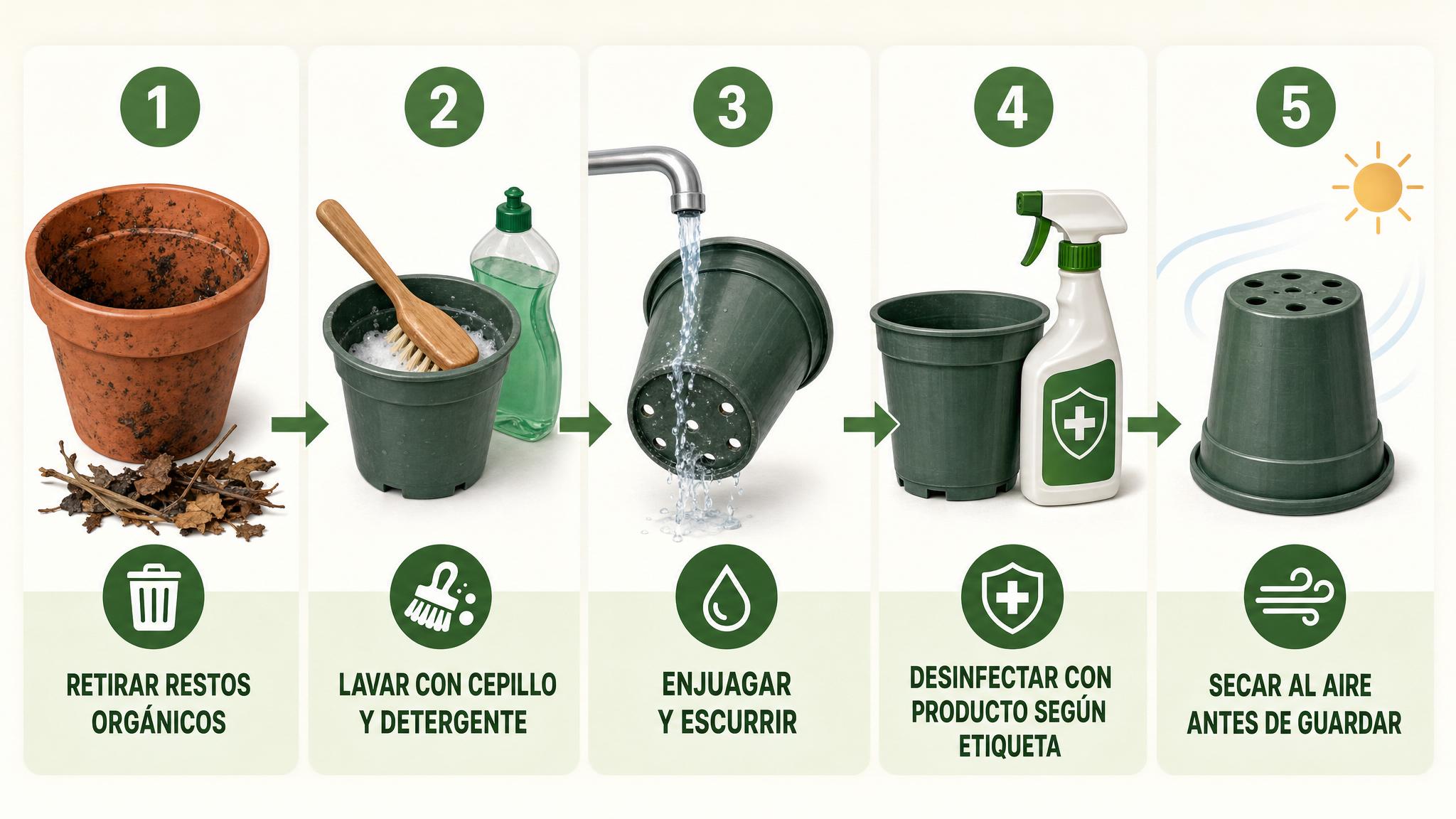 Flujo de limpieza entre ciclos: retirar restos, lavar, enjuagar, desinfectar y secar.