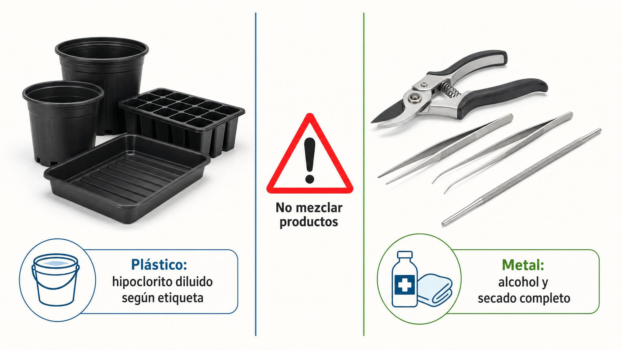 Comparación de desinfección para plástico y herramientas metálicas, con advertencia de no mezclar productos.