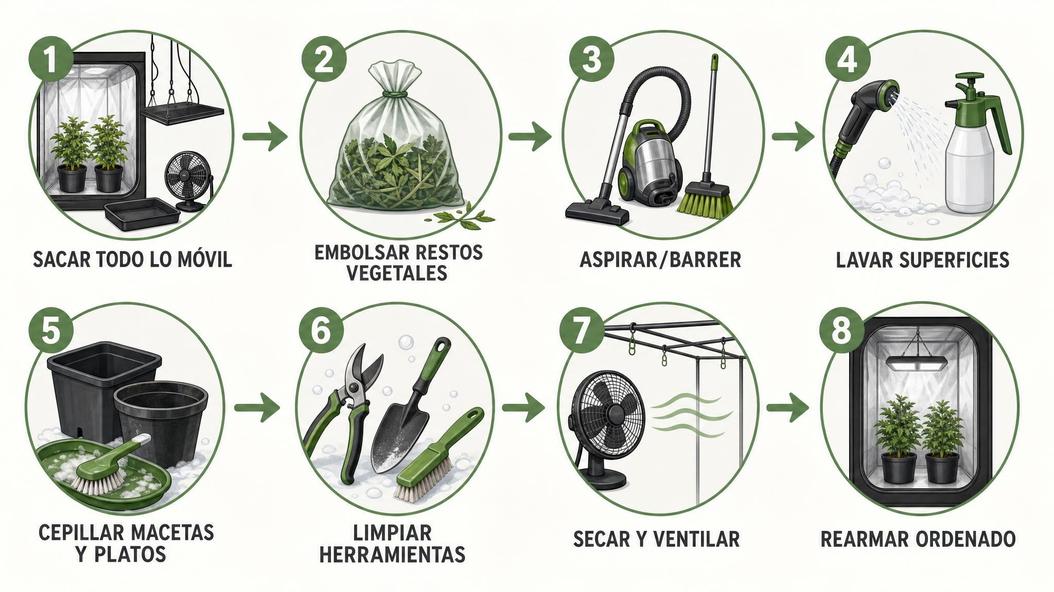 Flujo de ocho pasos para resetear un indoor en 90 minutos antes de volver a plantar.