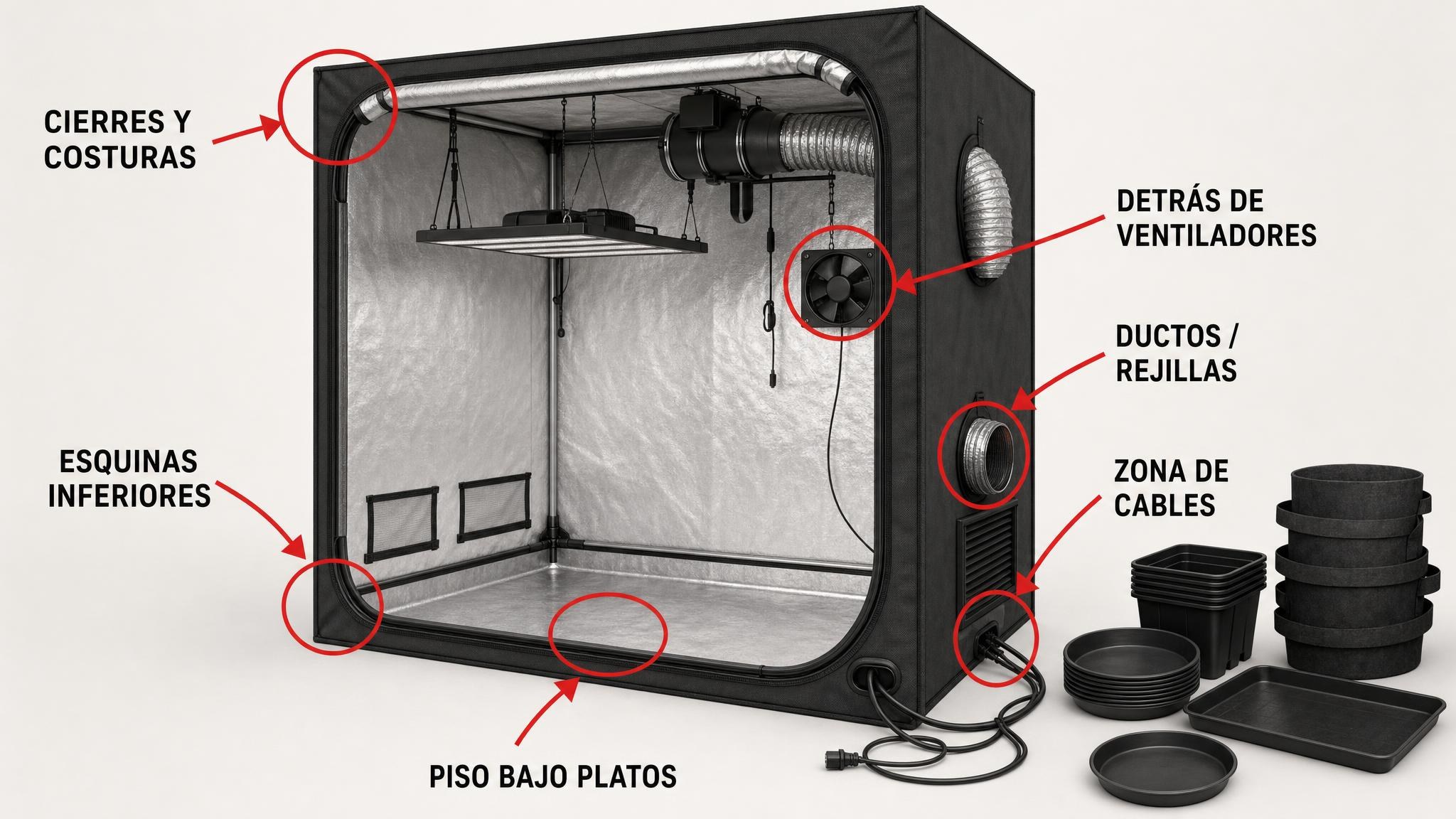 Diagrama de una carpa indoor con los puntos críticos de limpieza señalados.