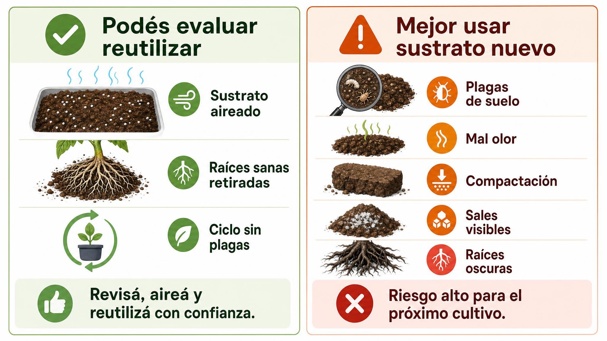 Comparación visual entre casos donde se puede evaluar reutilizar sustrato y casos donde conviene usar sustrato nuevo.