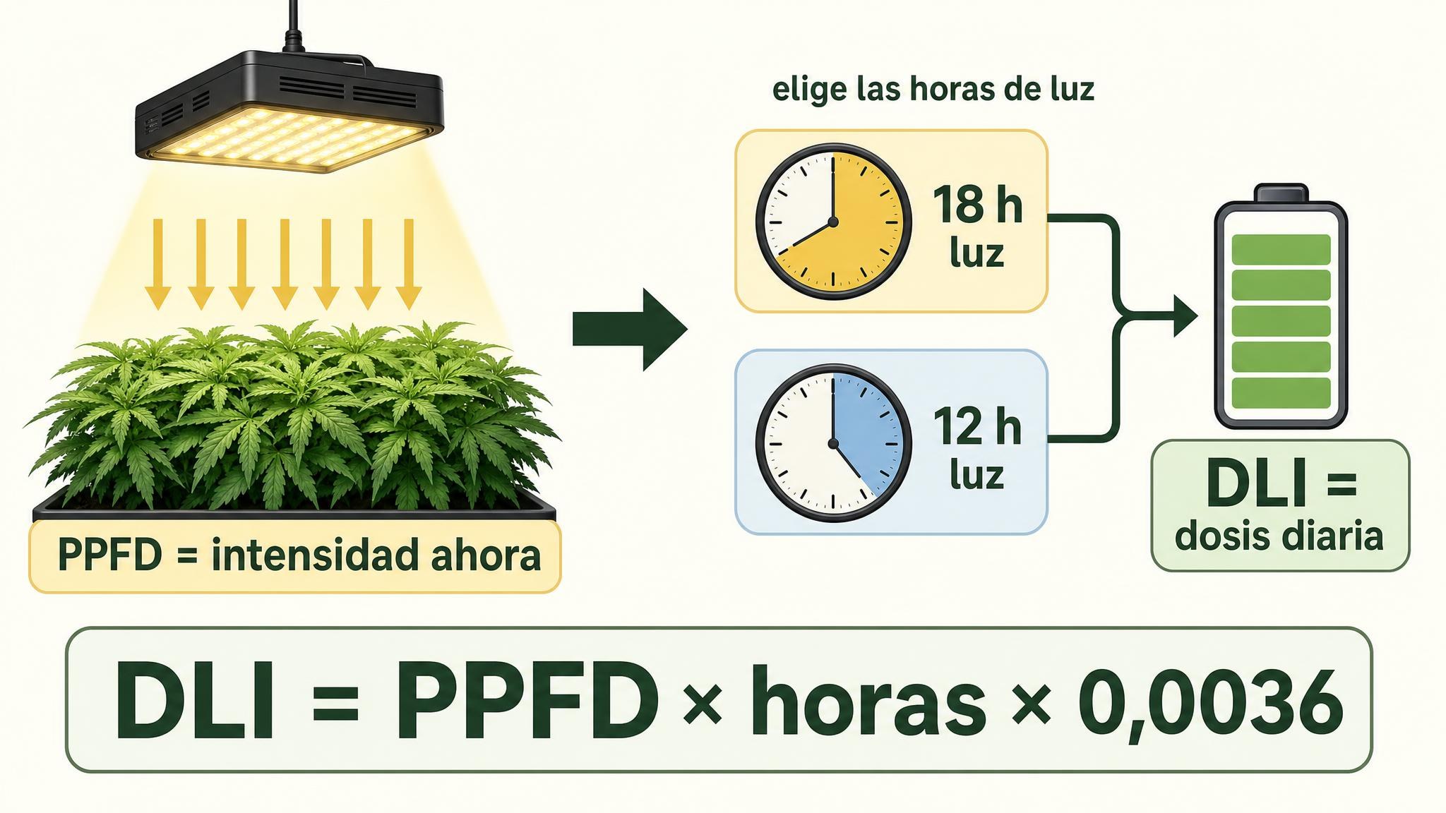 Diagrama que diferencia PPFD como intensidad instantánea y DLI como dosis diaria acumulada de luz.