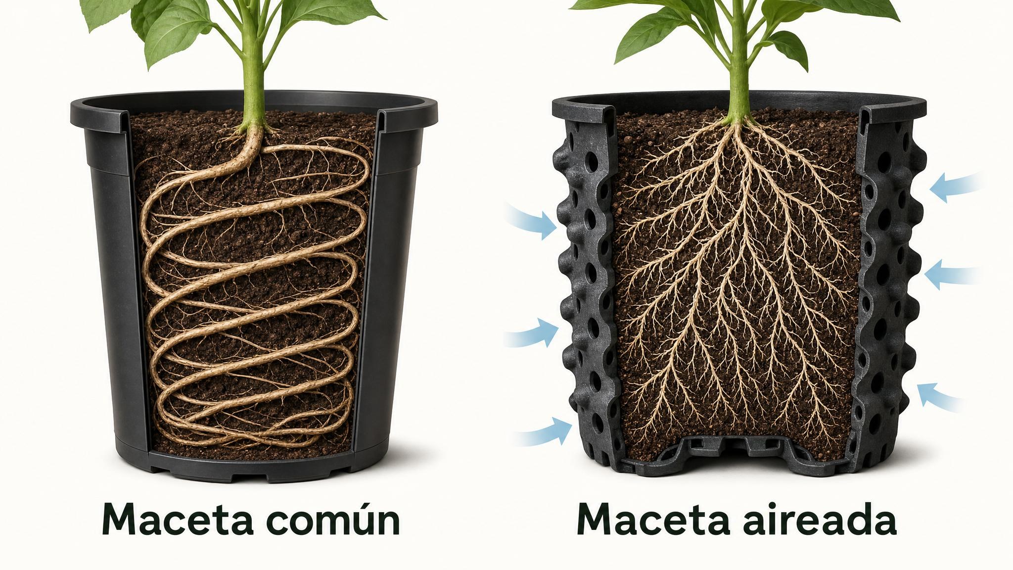 Comparación entre una maceta común con raíces en espiral y una maceta aireada con raíces más ramificadas.