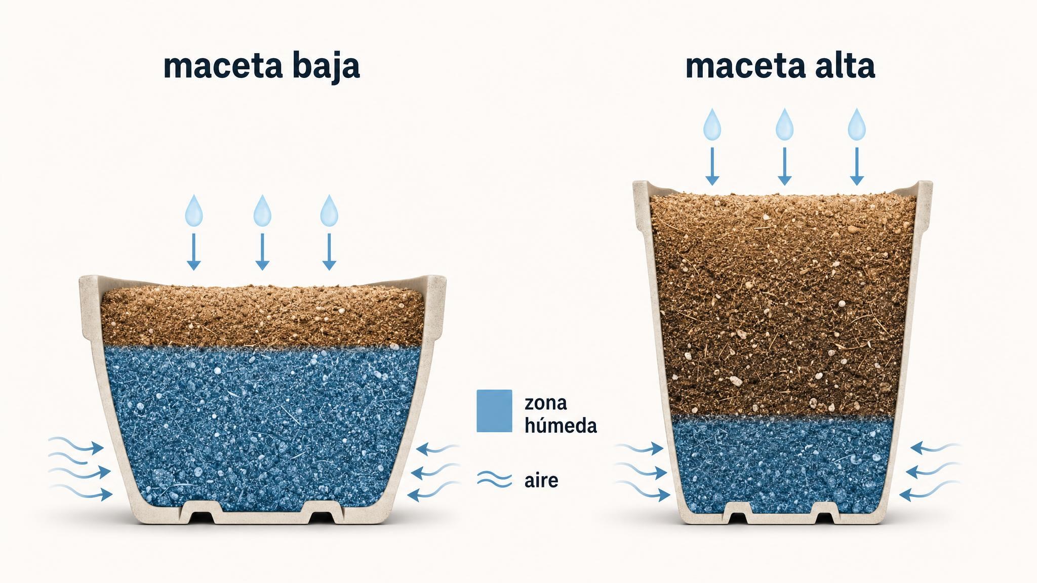 Comparación en corte entre una maceta baja y una alta mostrando cómo la zona húmeda inferior ocupa más proporción en la maceta baja.