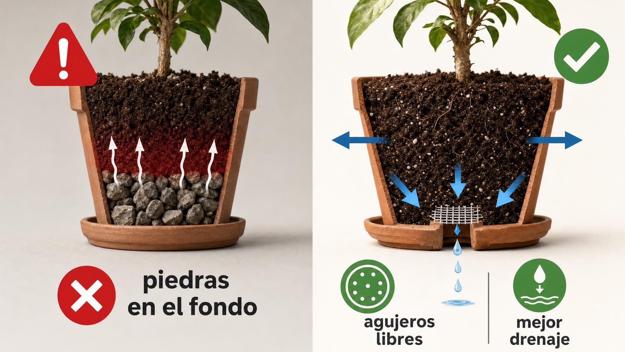 Comparación entre una maceta con capa de piedras en el fondo y otra con agujeros de drenaje libres y malla.