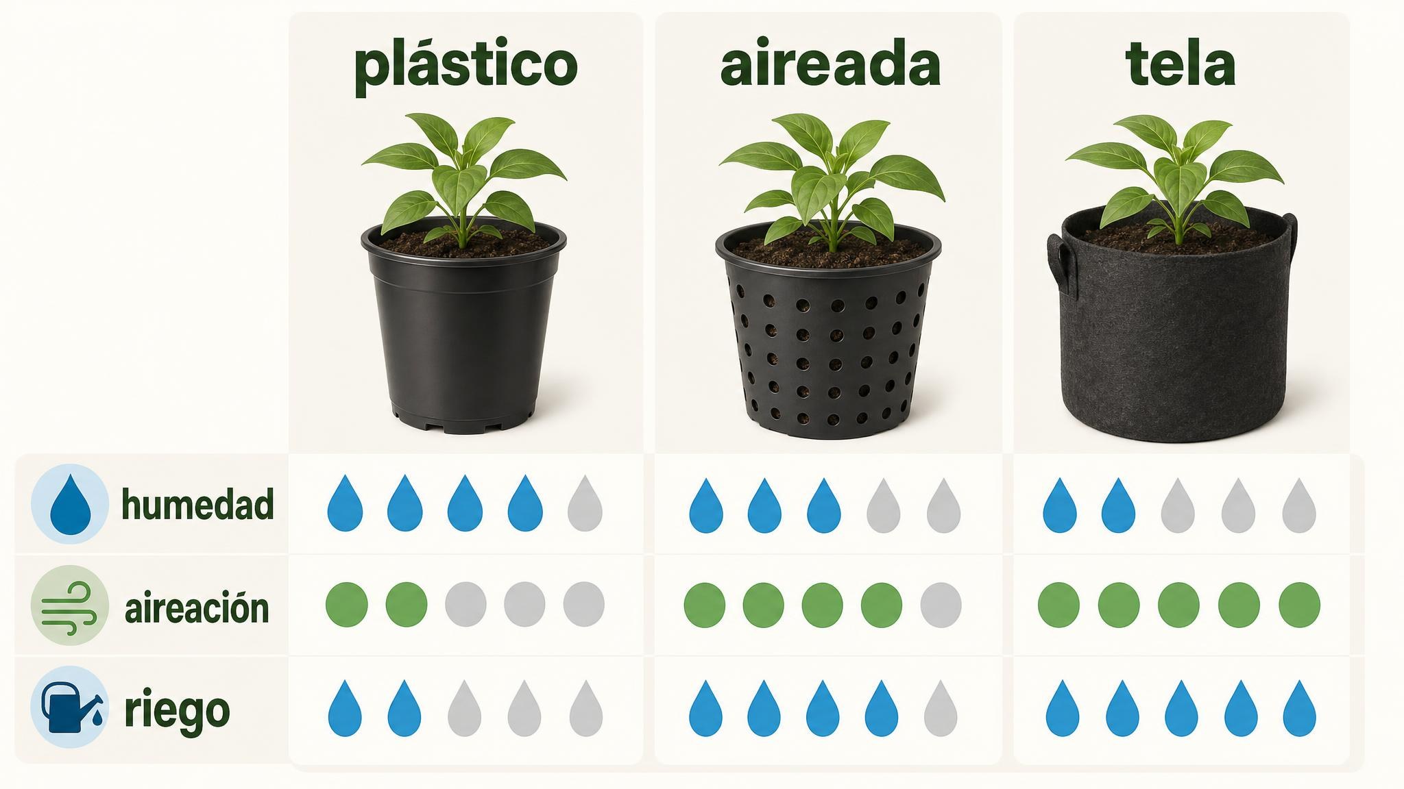 Comparación visual entre maceta plástica, maceta aireada y maceta de tela según humedad, aireación y frecuencia de riego.