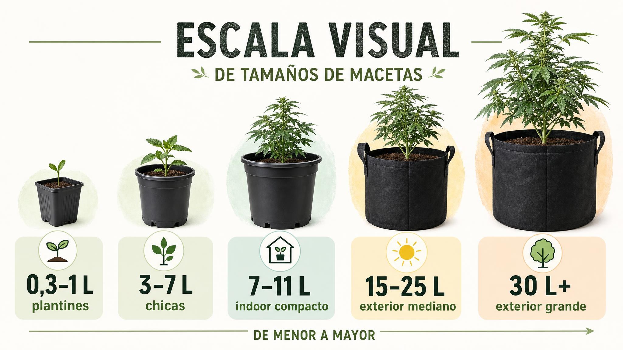 Escala visual de tamaños de maceta recomendados según etapa y objetivo de cultivo.