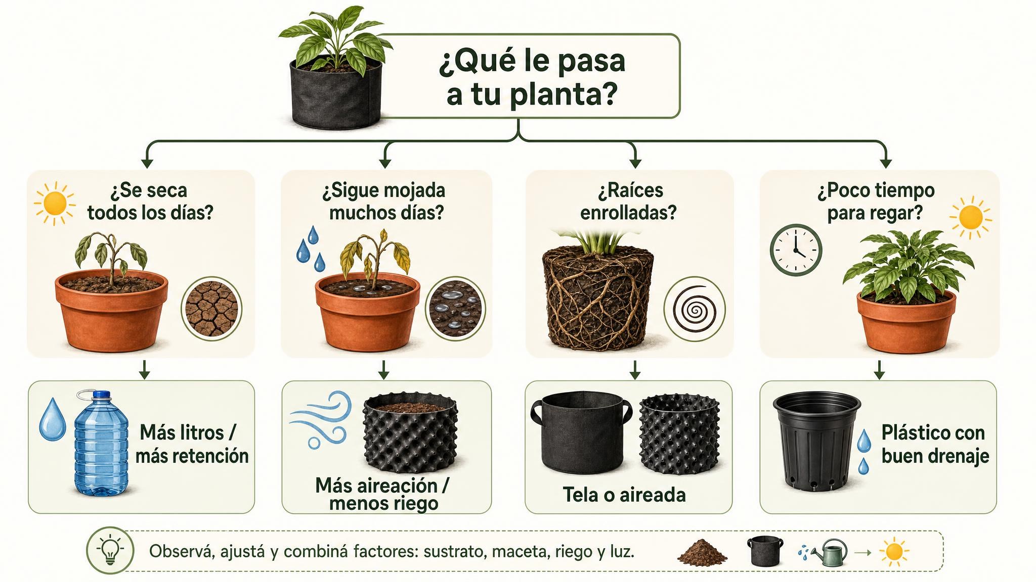 Diagrama de decisión para elegir maceta según secado, exceso de humedad, raíces y rutina de riego.
