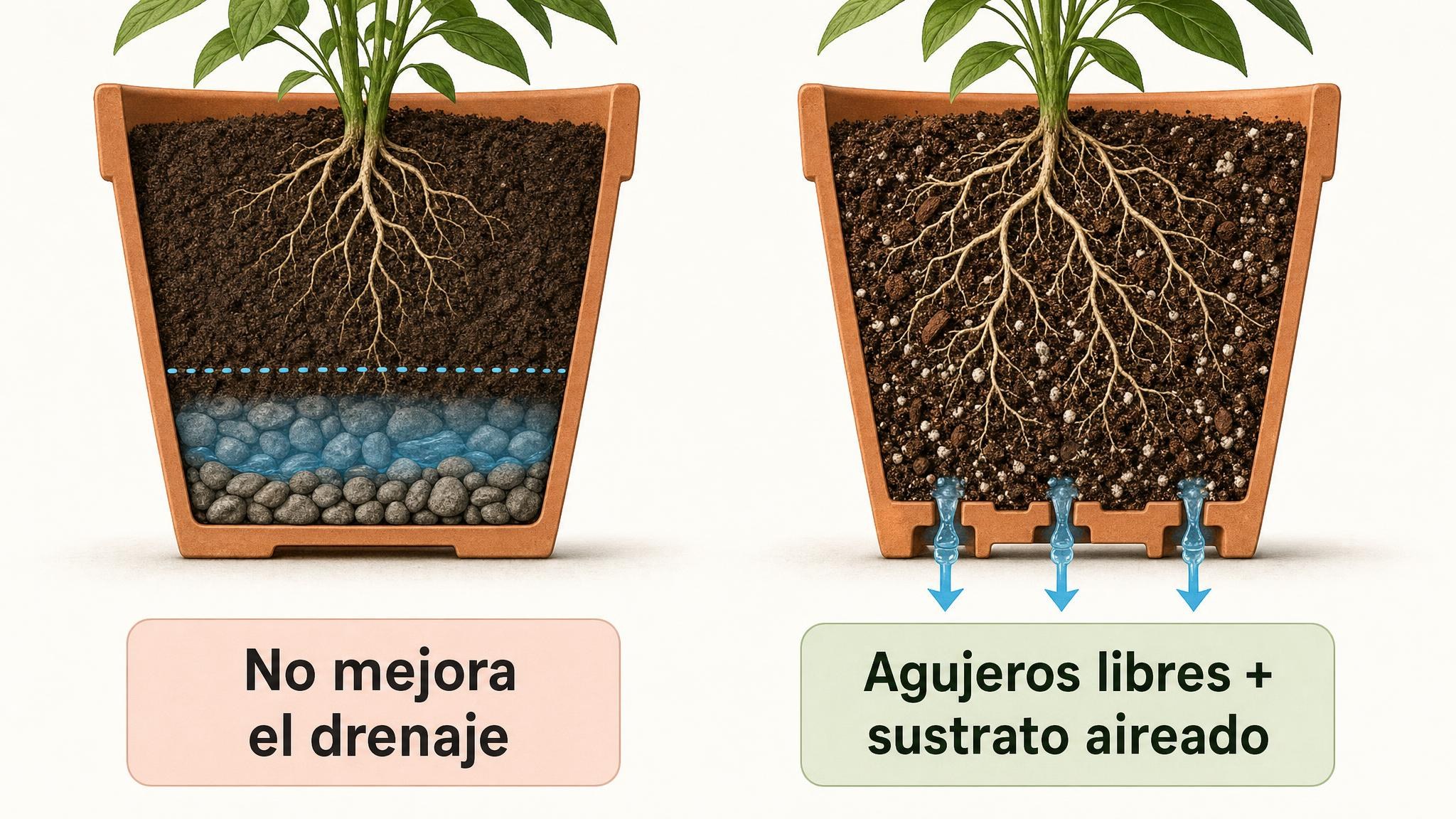 Comparación entre una maceta con piedras en el fondo y una maceta con agujeros libres y sustrato aireado.