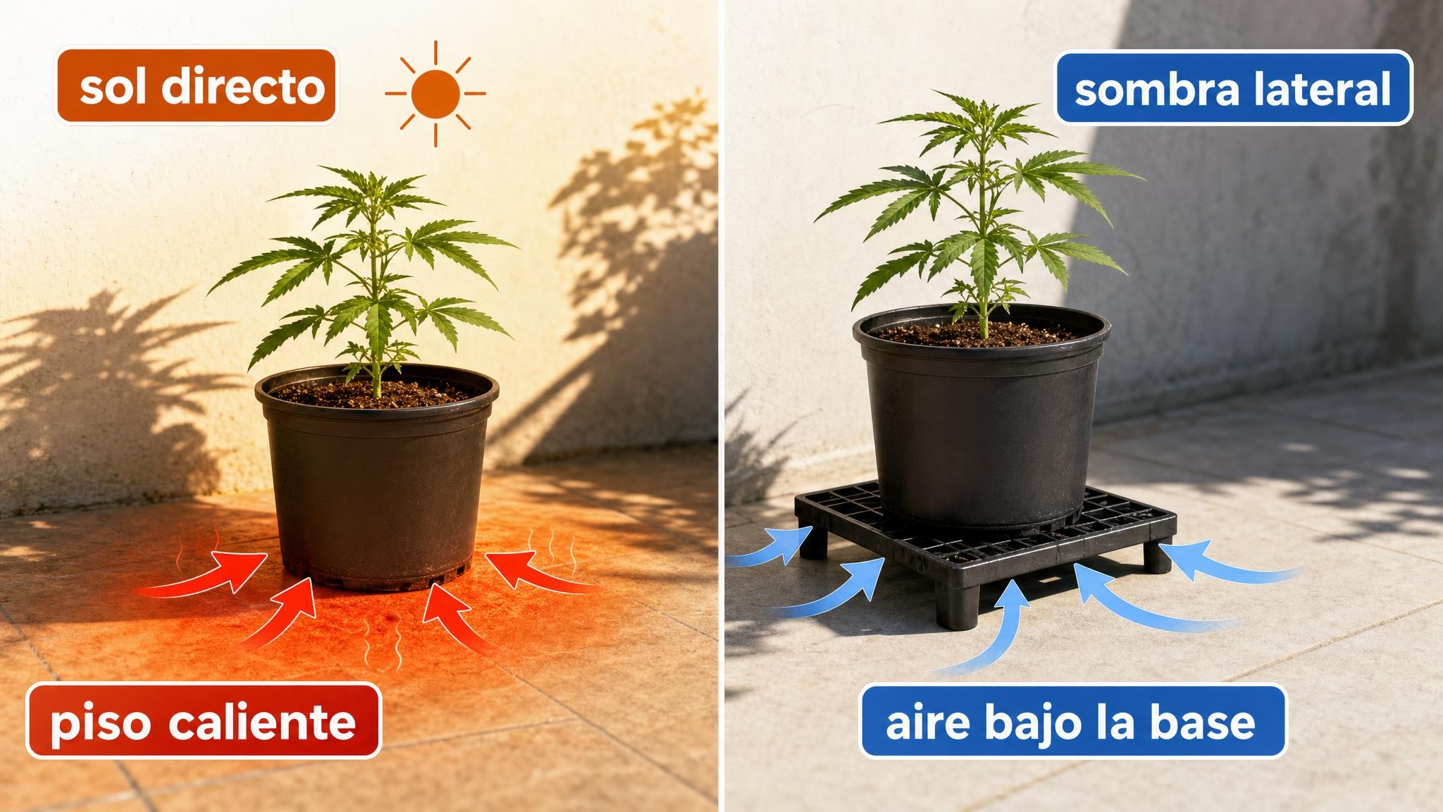 Diagrama que muestra cómo el sol de tarde y el piso caliente recalientan una maceta y cómo reducirlo con sombra lateral y separación del suelo.