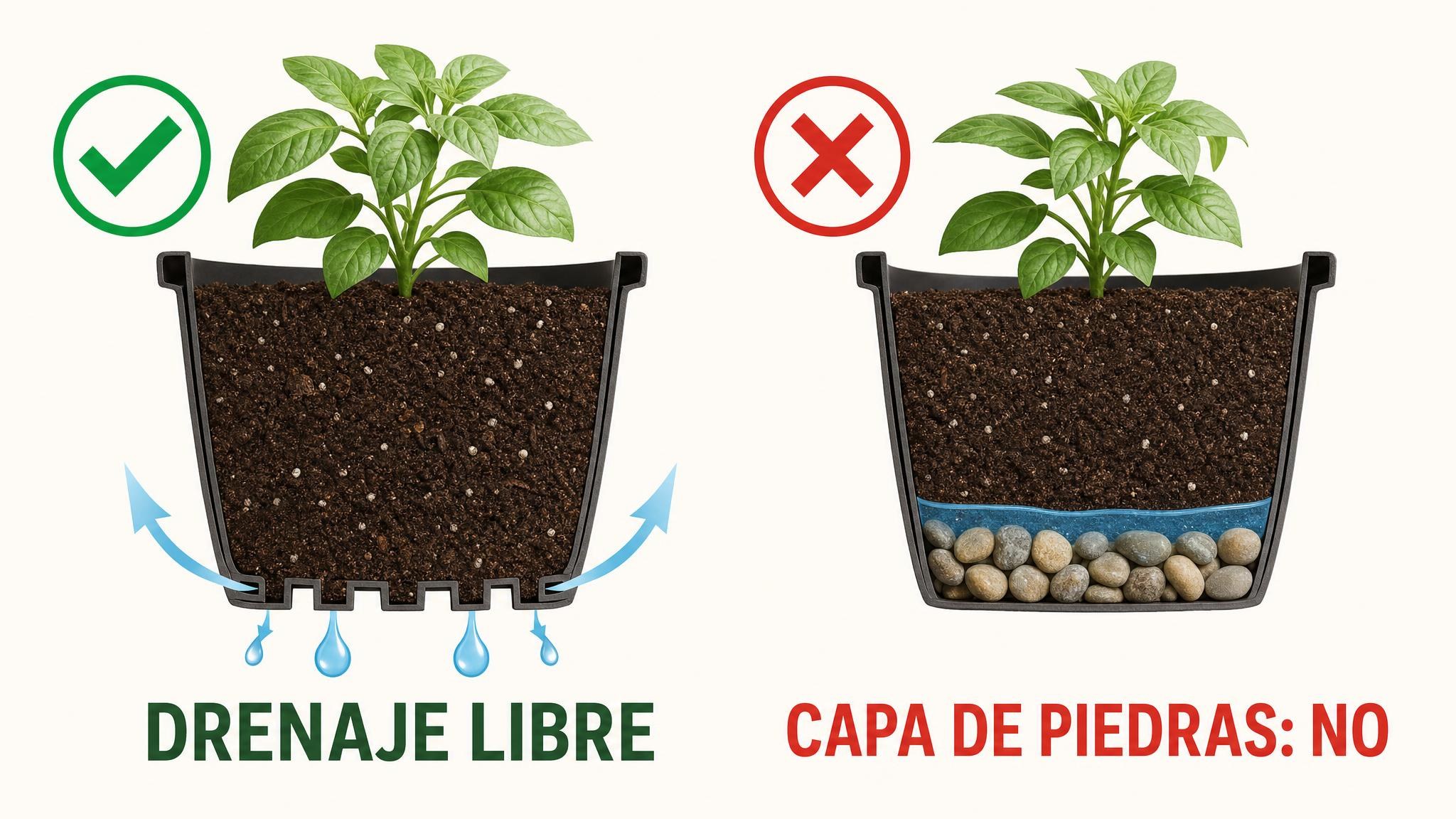 Comparación entre una maceta con drenaje libre y otra con capa de piedras que retiene agua sobre el fondo.