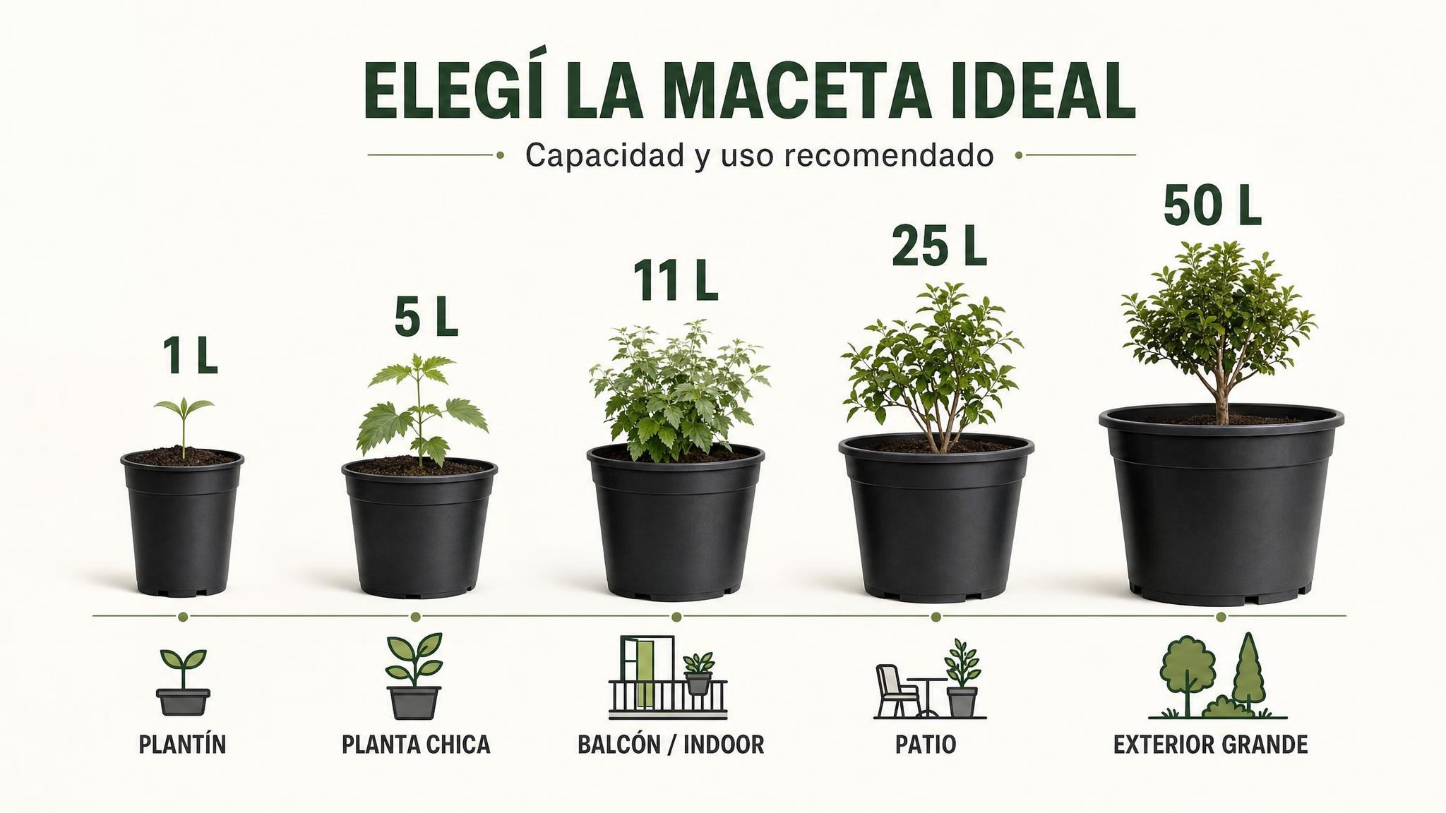 Comparación visual de macetas de 1, 5, 11, 25 y 50 litros según uso en casa, balcón, patio y exterior.