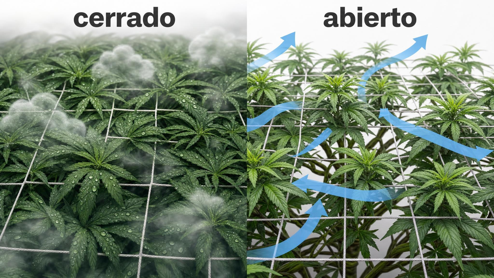Comparación entre una canopia cerrada que atrapa humedad y una canopia abierta con mejor circulación de aire.
