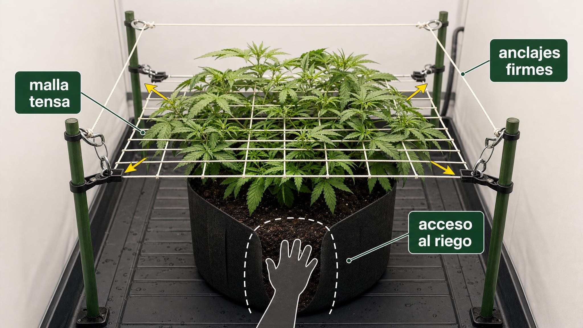 Diagrama de una malla de cultivo tensa, horizontal y anclada en cuatro puntos, con espacio de acceso para mantenimiento.