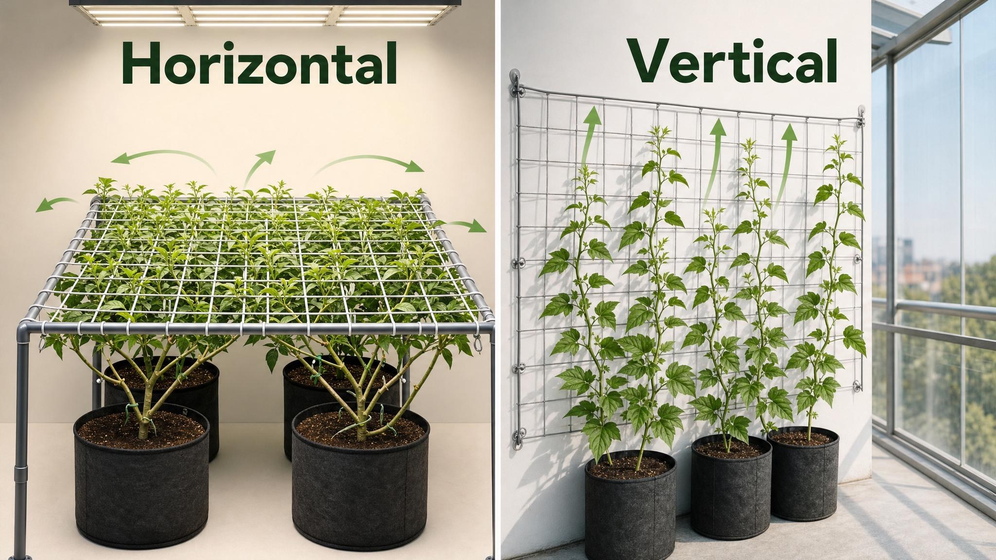 Comparación entre malla de entutorado horizontal sobre macetas y malla vertical contra una estructura.