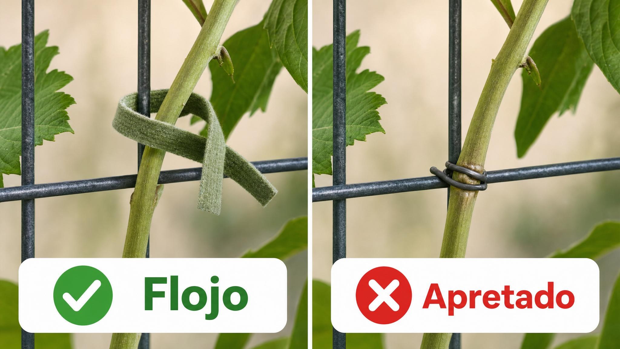 Comparación de una rama guiada con atadura floja frente a una atadura apretada que estrangula el tallo.