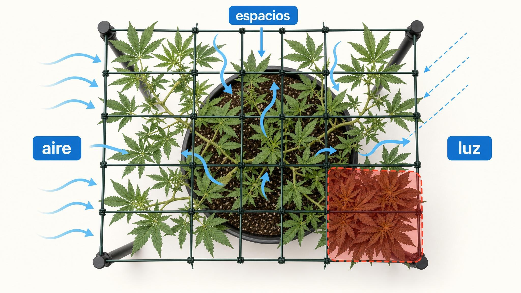 Vista superior de una malla con ramas espaciadas, huecos para luz y flechas de circulación de aire.