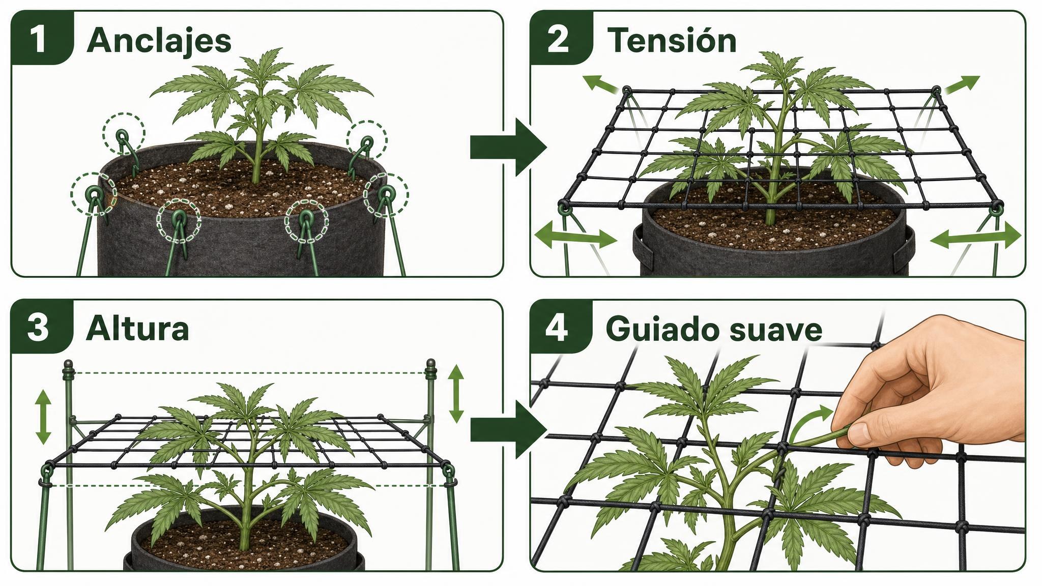 Cuatro pasos para instalar una malla de entutorado en una planta en maceta.