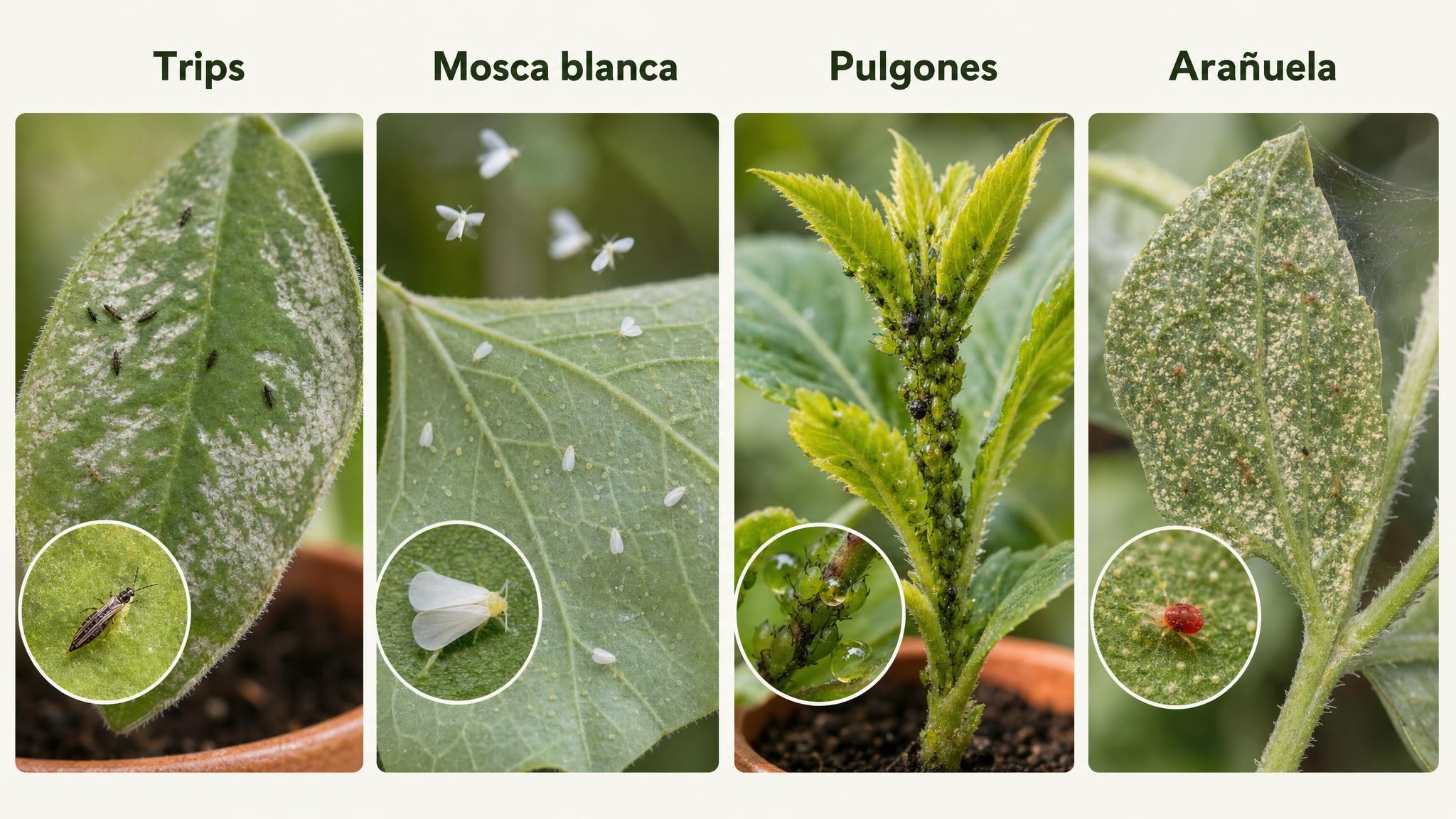 Comparación visual de trips, mosca blanca, pulgones y arañuela con sus señales típicas en hojas.